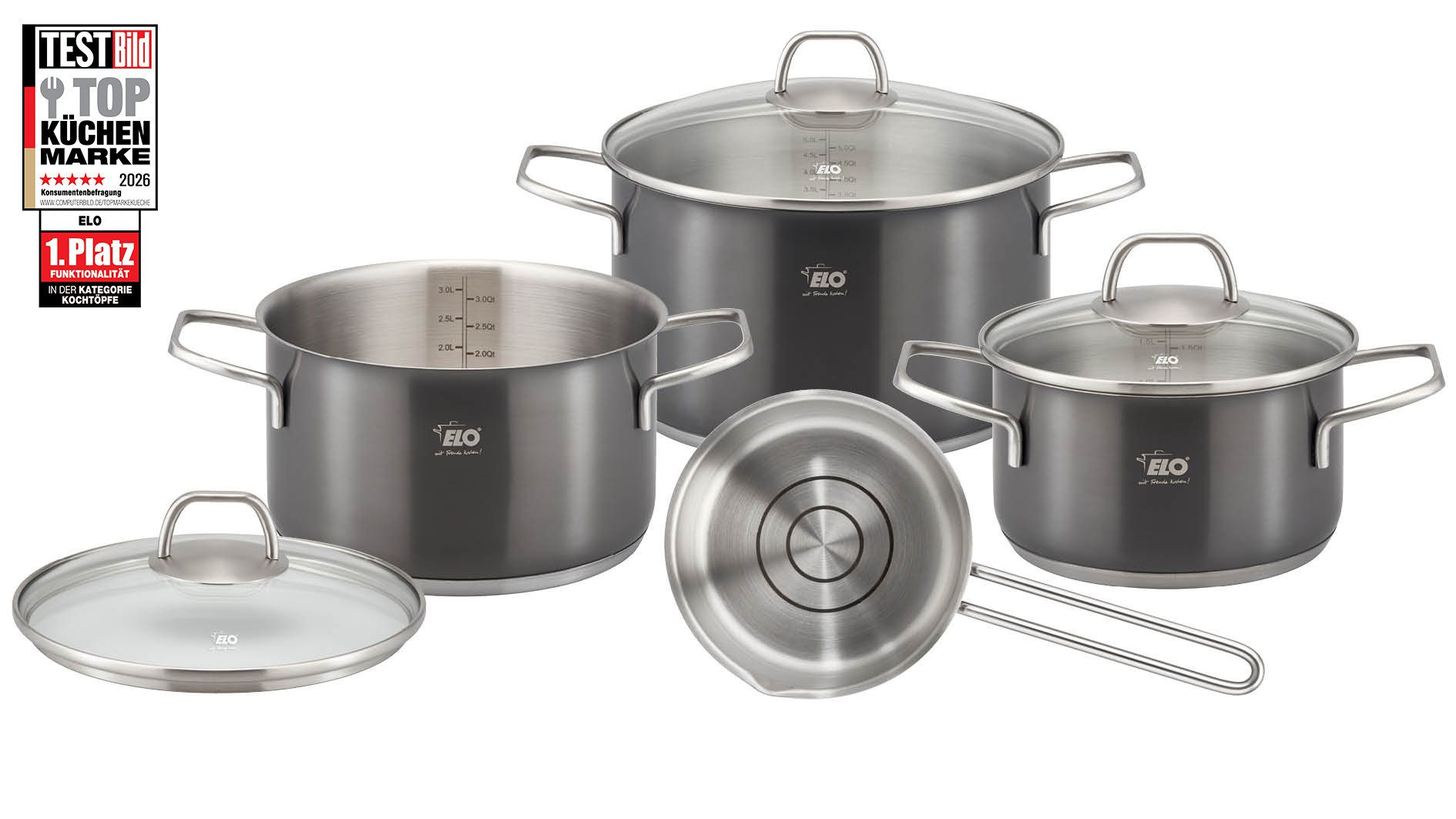 Elo Topf-Set Twice Select Topfset 6-teilig, Edelstahl 18/10 (Set, 6-tlg), Edelstahl-Bügelgriff mit Fingerschutzplatte