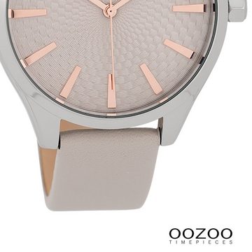 OOZOO Quarzuhr Oozoo Damen Armbanduhr Timepieces, Damenuhr rund, groß (ca. 42mm), Lederarmband grau, Fashion