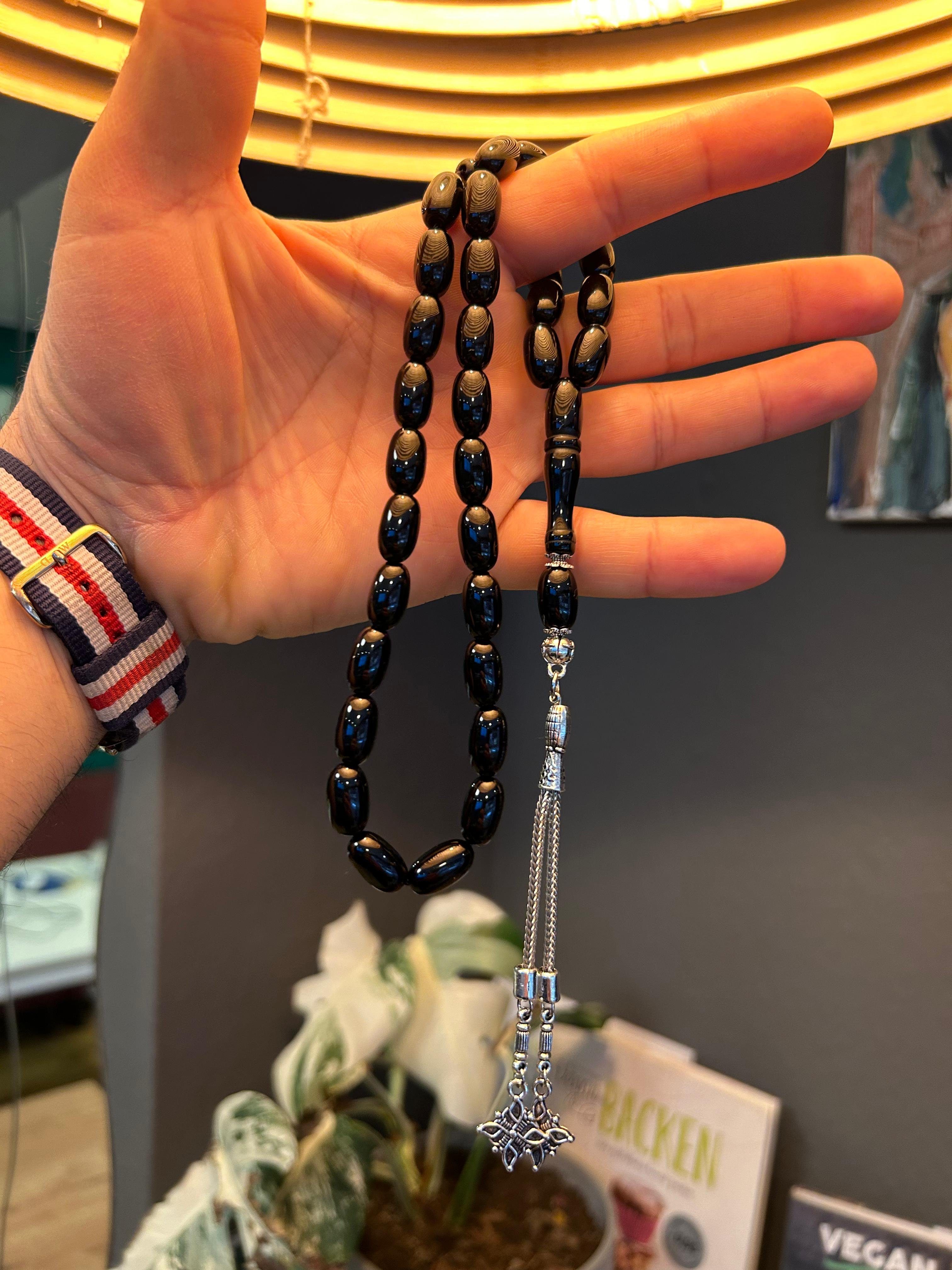 TesbihBid Kettenanhänger Schwarz Faturan (Rosary Faturan Männergeschenk, 33-tlg., Misbaha Tesbih Tasbih, Tasbeeh, subha, islam, 33), Bernstein kehribar schwarz