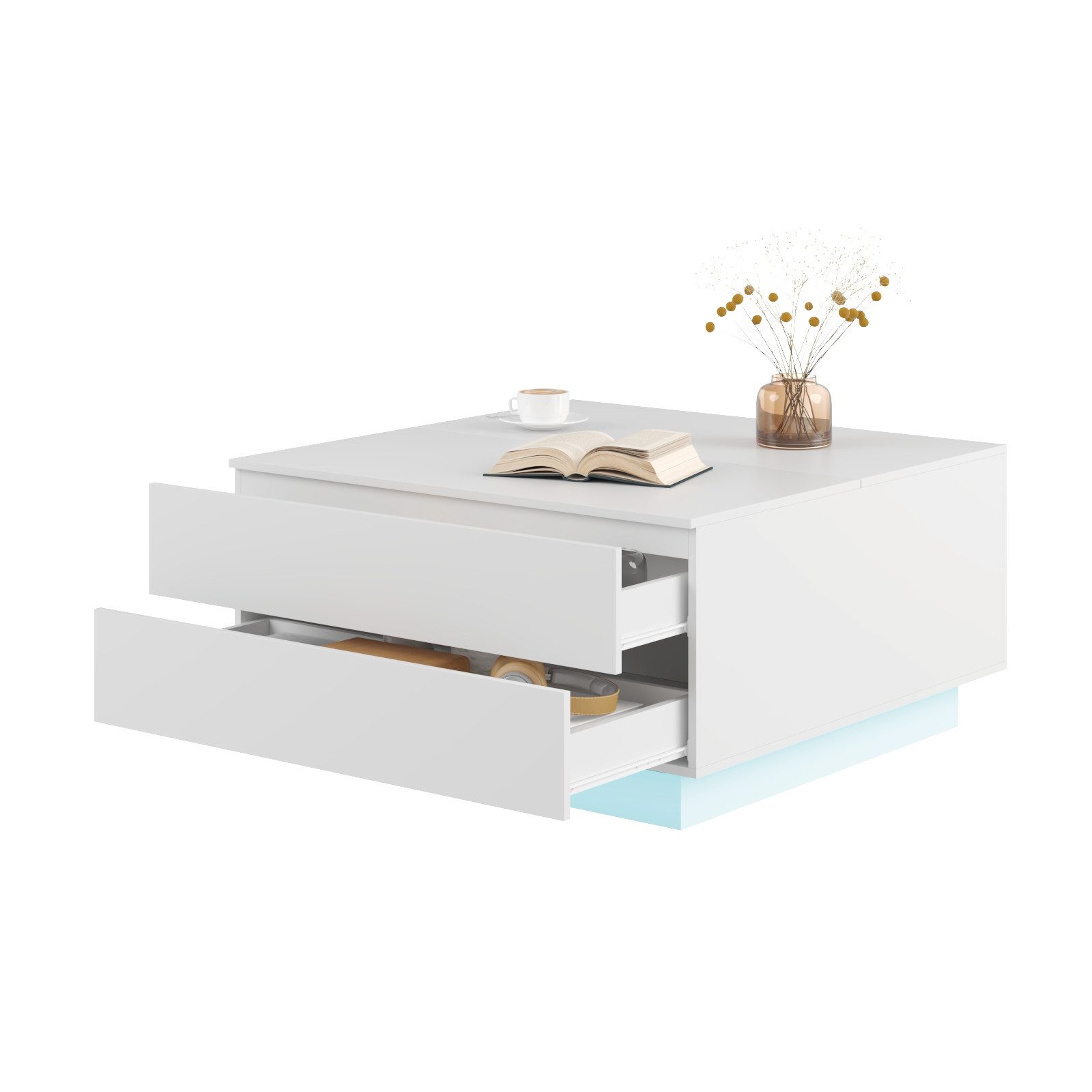 radelldar Couchtisch mit 2 Schubladen und aufklappbarer Tischplatte, 78x78x40cm (1-St), Wohnzimmertisch Beistelltisch mit LED-Beleuchtung
