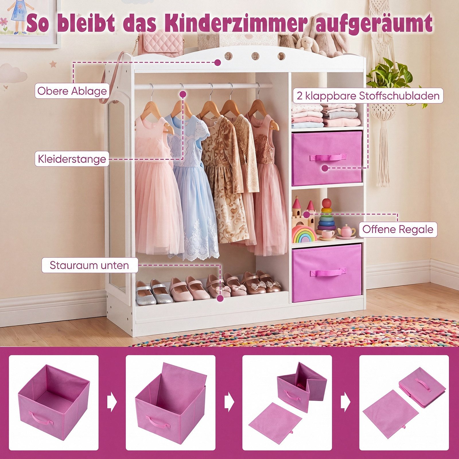 COSTWAY Kleiderständer, Kindergarderobe mit Spiegel, Garderobe Prinzessin