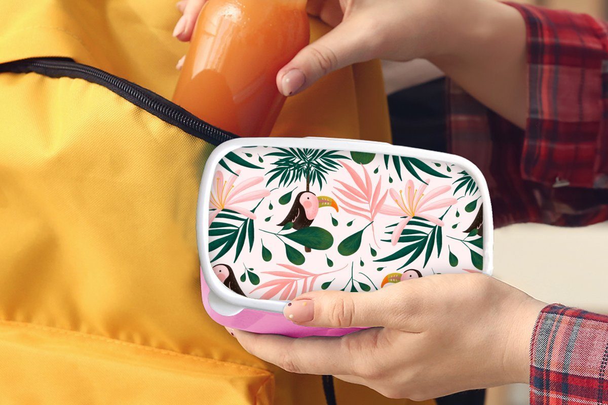 MuchoWow Lunchbox - (2-tlg), Kinder, Brotbox Kunststoff Brotdose Blatt Vogel für Dschungel, Mädchen, - Snackbox, rosa Tukan - Erwachsene, Kunststoff