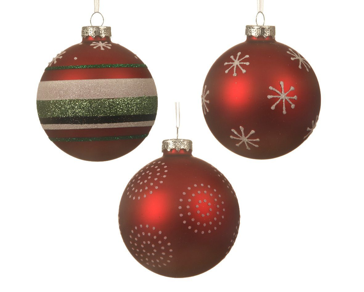 Streifen Glas decorations Set / Weihnachtsbaumkugel, mit Schneeflocken 3er Decoris rot season 8cm Weihnachtskugeln