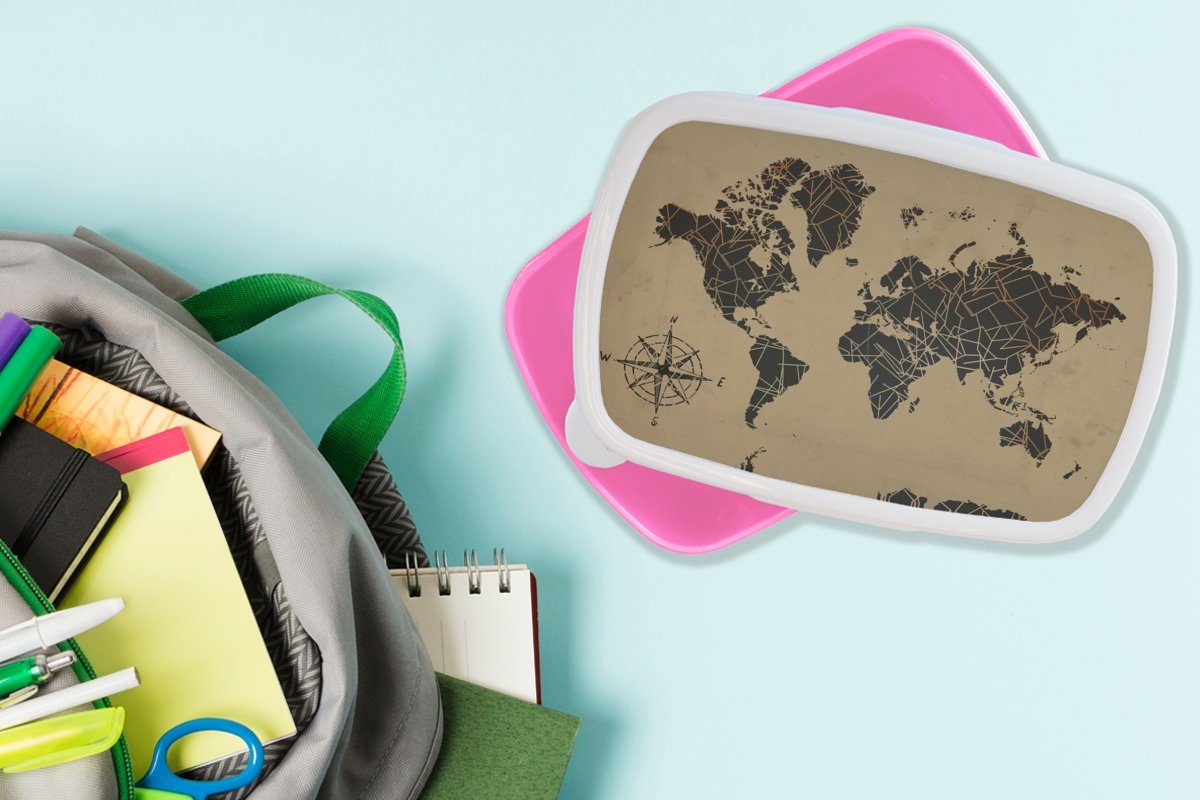 Kompassrose, Erwachsene, Brotdose Lunchbox für (2-tlg), - Kunststoff MuchoWow Kunststoff, - Kinder, Snackbox, Brotbox Mädchen, rosa Vintage Weltkarte