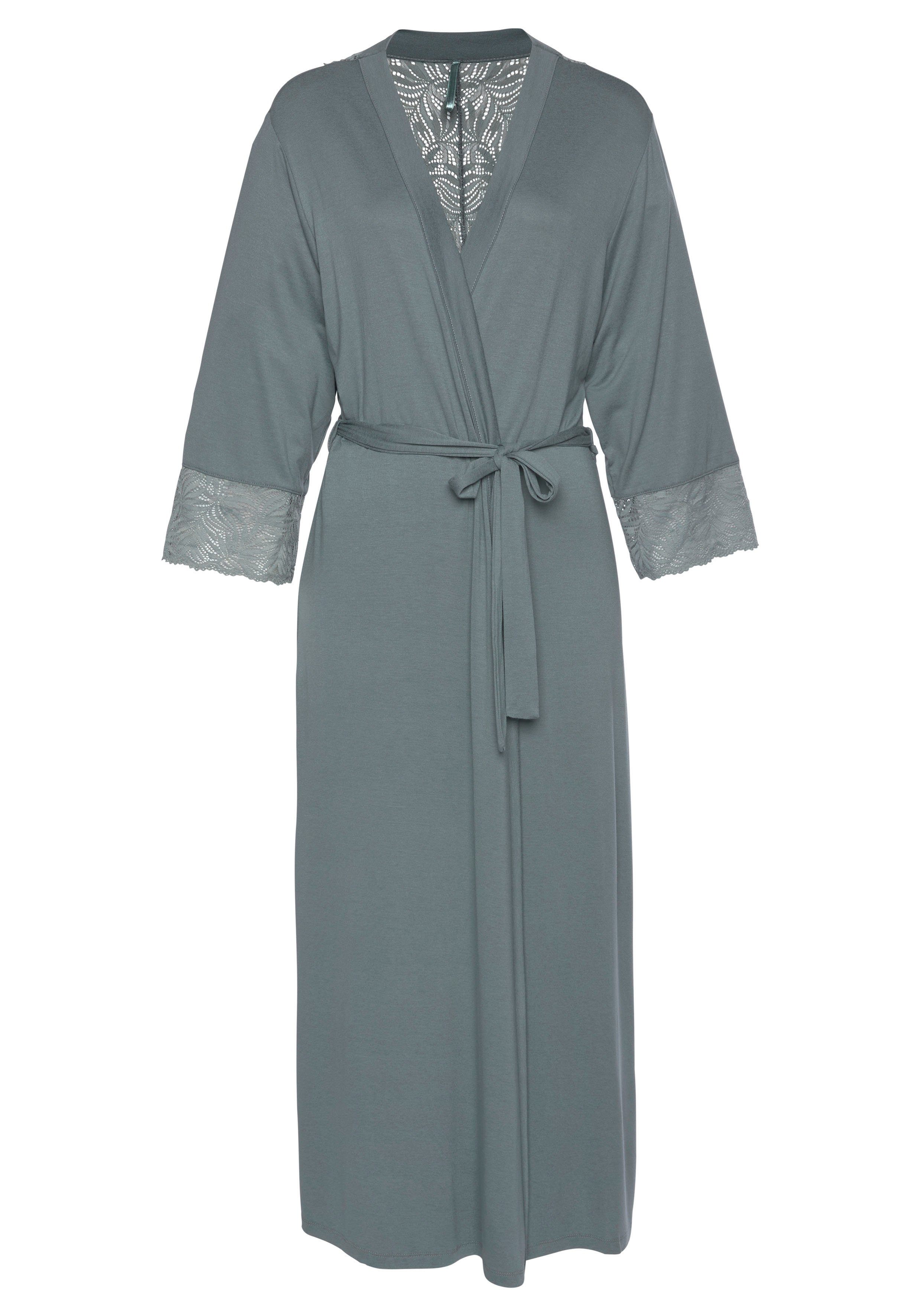 LASCANA Kimono, Langform, Spitzendetails petrol edlen mit Gürtel, Single-Jersey