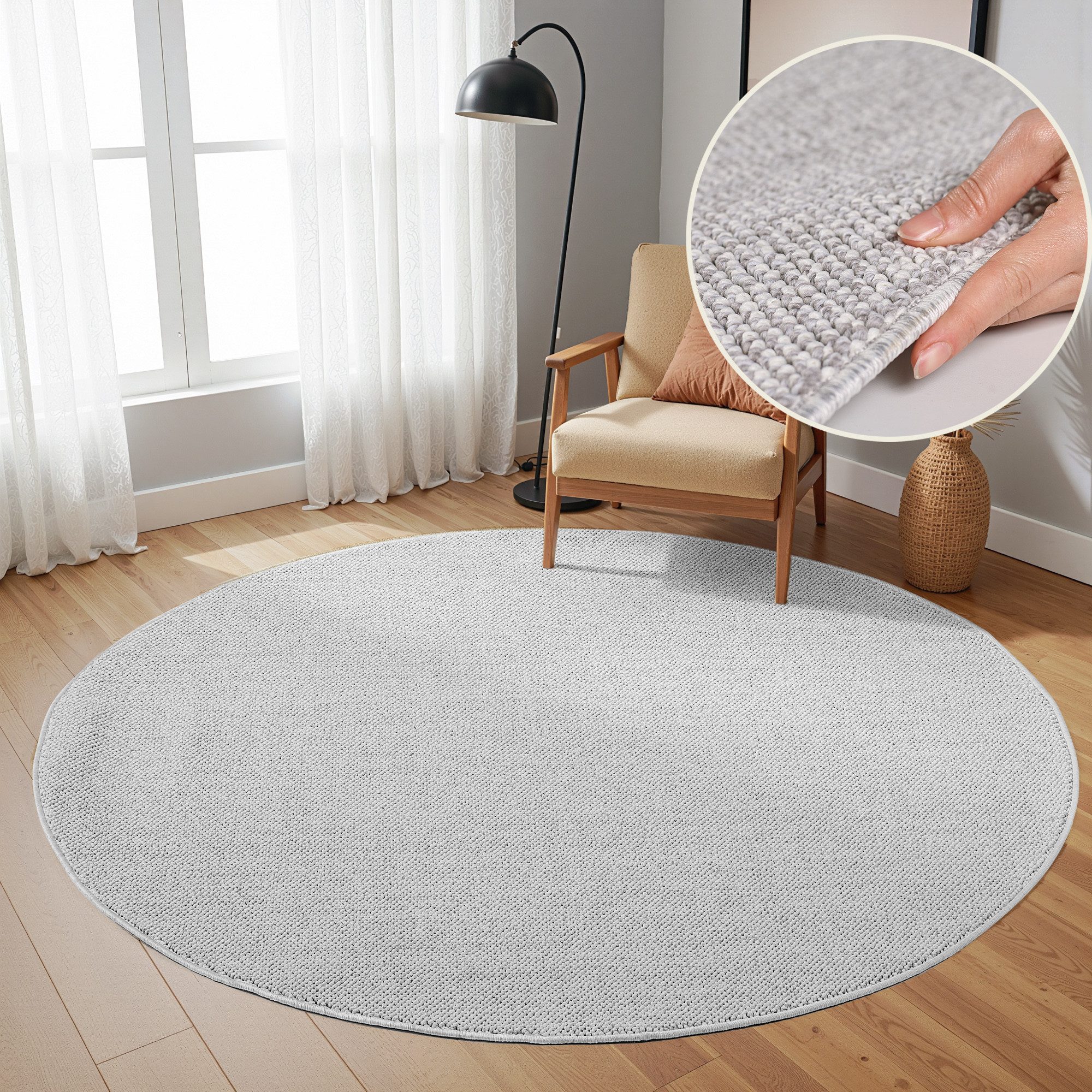 SIMPEX24 Teppich Unicolor, Rund, Höhe: 7 mm, Schlingenteppich Schlafzimmer Einfarbig Meliert Design