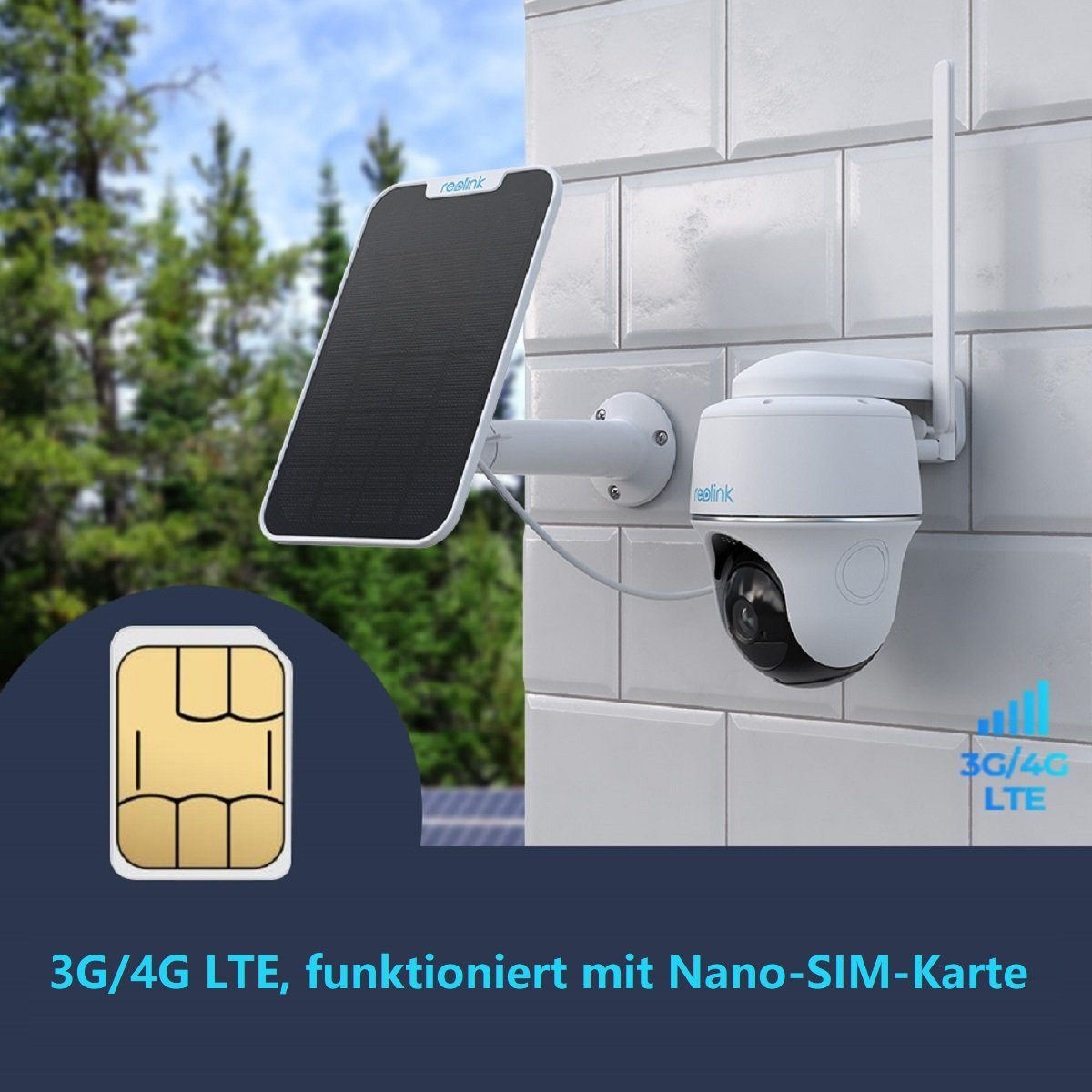 Reolink Überwachungskamera Go PT Plus+Solarpanel 4MP 3G/4G LTE 355°/140° Schwenkbare PTZ Akku (Außenbereich, Wald, Farm, Campingbus, Straße, 1-tlg., mit 32GB SD-Karte, mit SIM-Kartenslot+32GB SD Karte,Intelligenter Erkennung,IR-Nachtsicht)