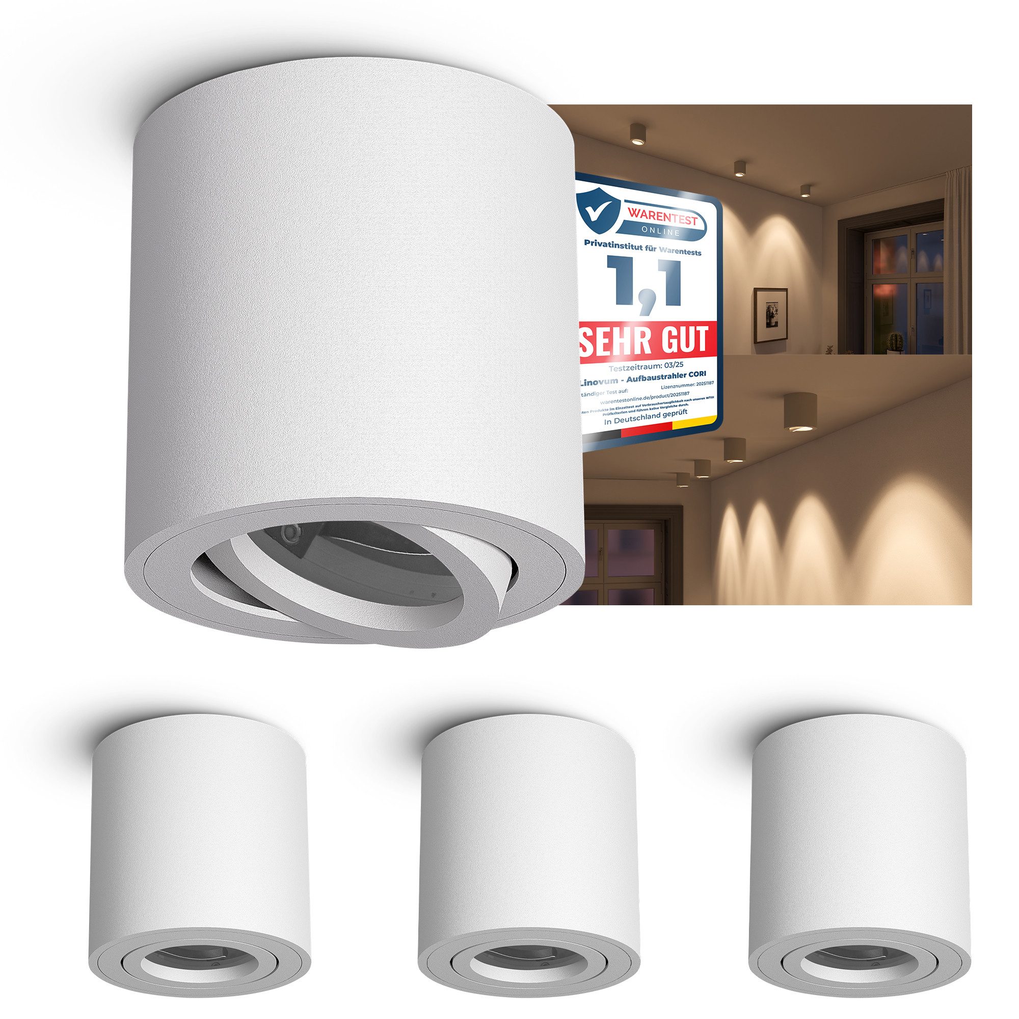 linovum LED Aufbaustrahler 4x Aufbauleuchten CORI weiß schwenkbar Deckenlampe Spot Deckenstrahler
