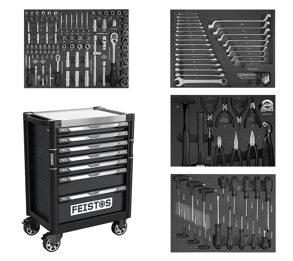 FEISTOS Werkbank Mento 3, (1-tlg), 4 Werkzeugsets, 158 Teile, Zentralverriegelung, LxBxH 48x73x97 cm