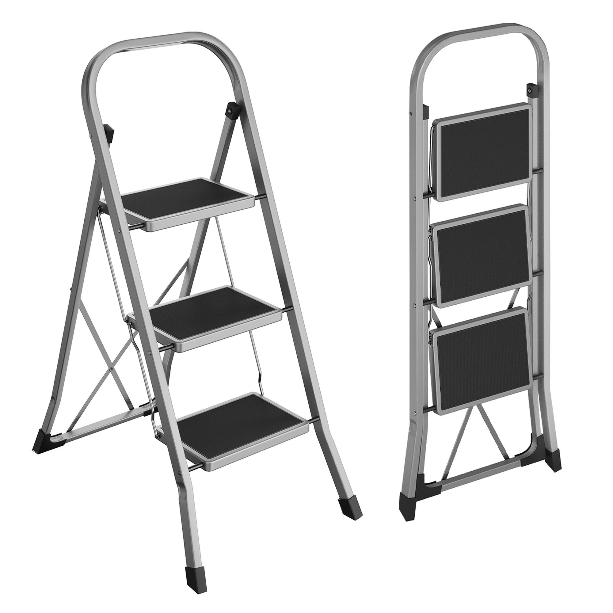 SONGMICS Trittleiter Leiter, Klappsicherung, einfach zu verstauen, bis 150 kg belastbar, mit 3 Stufen, Klapptritt, 74,5 x 46,5 x 105 cm (T x B x H)