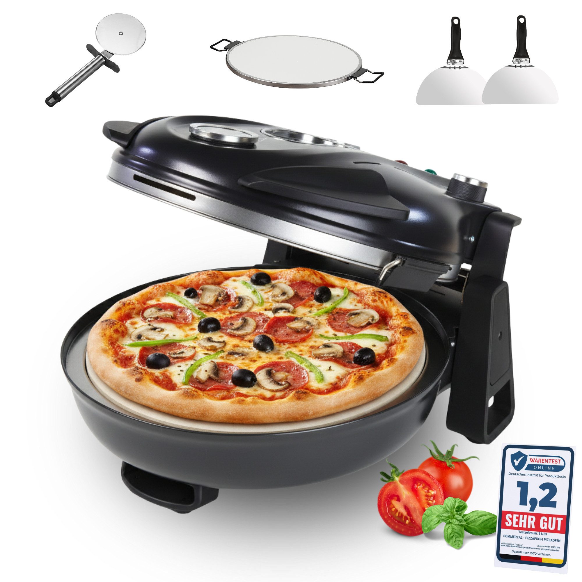Sommertal Pizzaofen Sommertal PizzaProfi Pizzaofen, 32cm Pizzastein, 2x Pizzaschieber, Pizzaschneider, Steinplatte