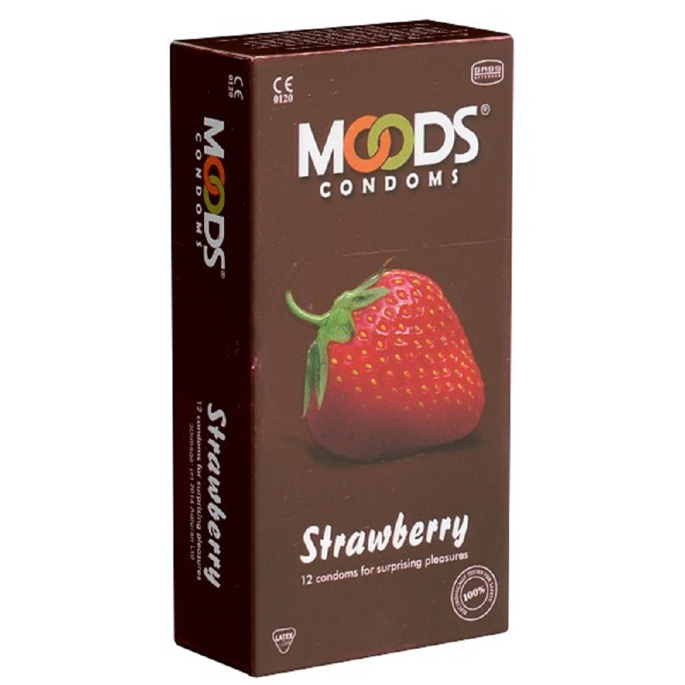 MOODS Condoms Kondome Strawberry Condoms St., für fruchtiges überraschend mit, Kondome 12 Erdbeer-Geschmack, Vergnügen Kondome Packung mit