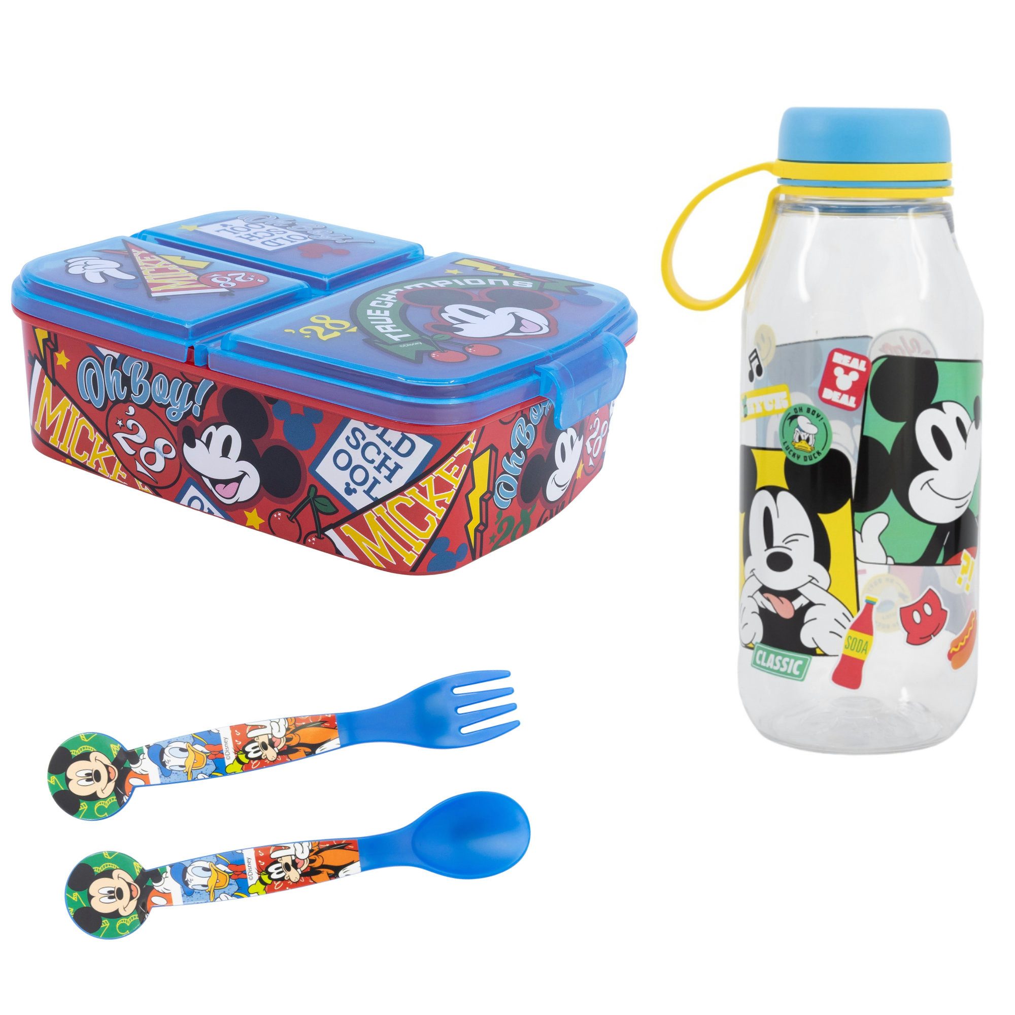 Disney Lunchbox Disney Mickey Maus 4 tlg Lunch Set Brotdose Trinkflasche Löffel Gabel, (4-tlg., Spar-Set), 460 ml