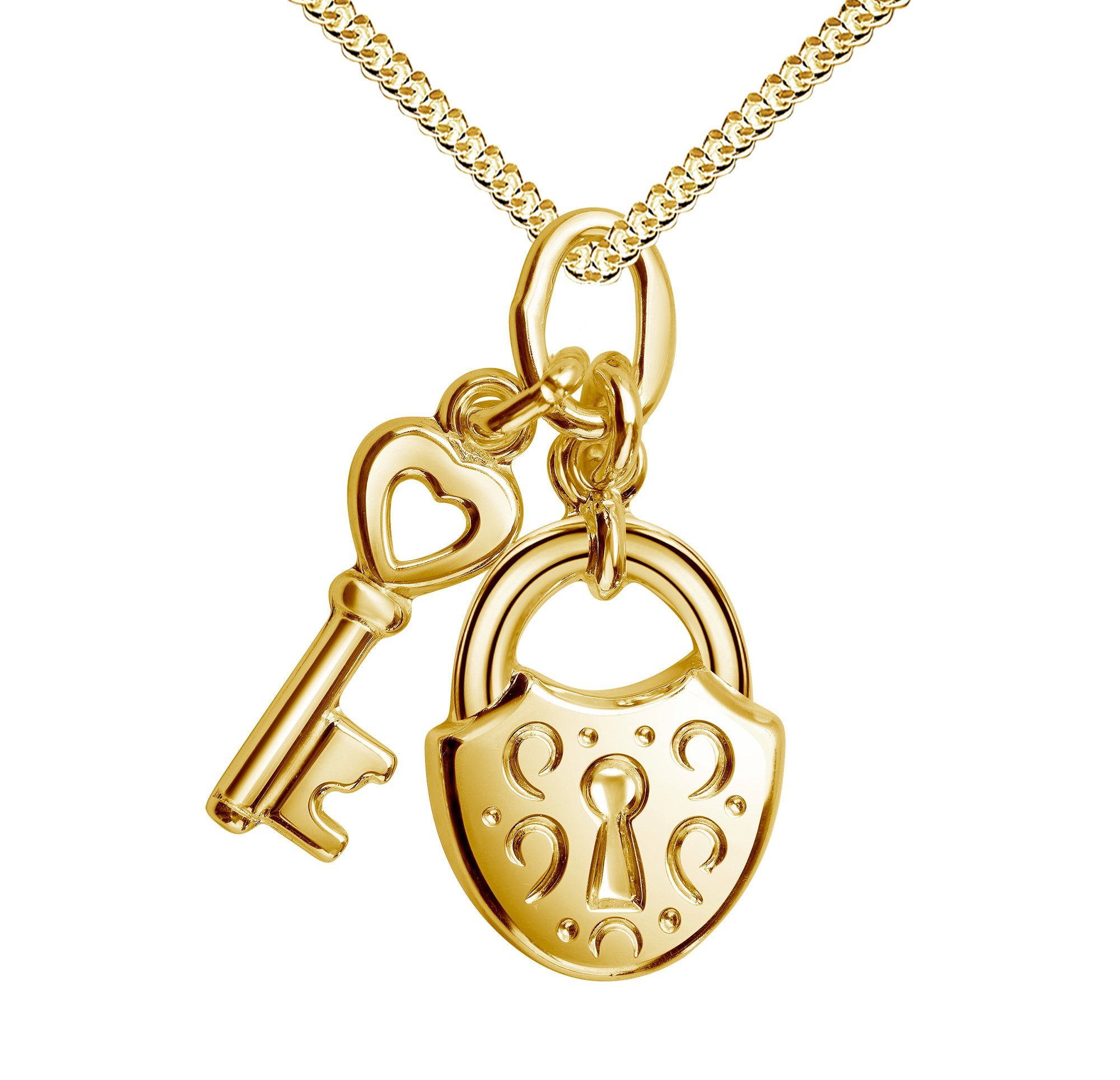 JEVELION Herzkette Herzschloss Anhänger 333 Gold (Goldanhänger, für Damen), Mit Kette vergoldet- Länge wählbar 36 - 70 cm.