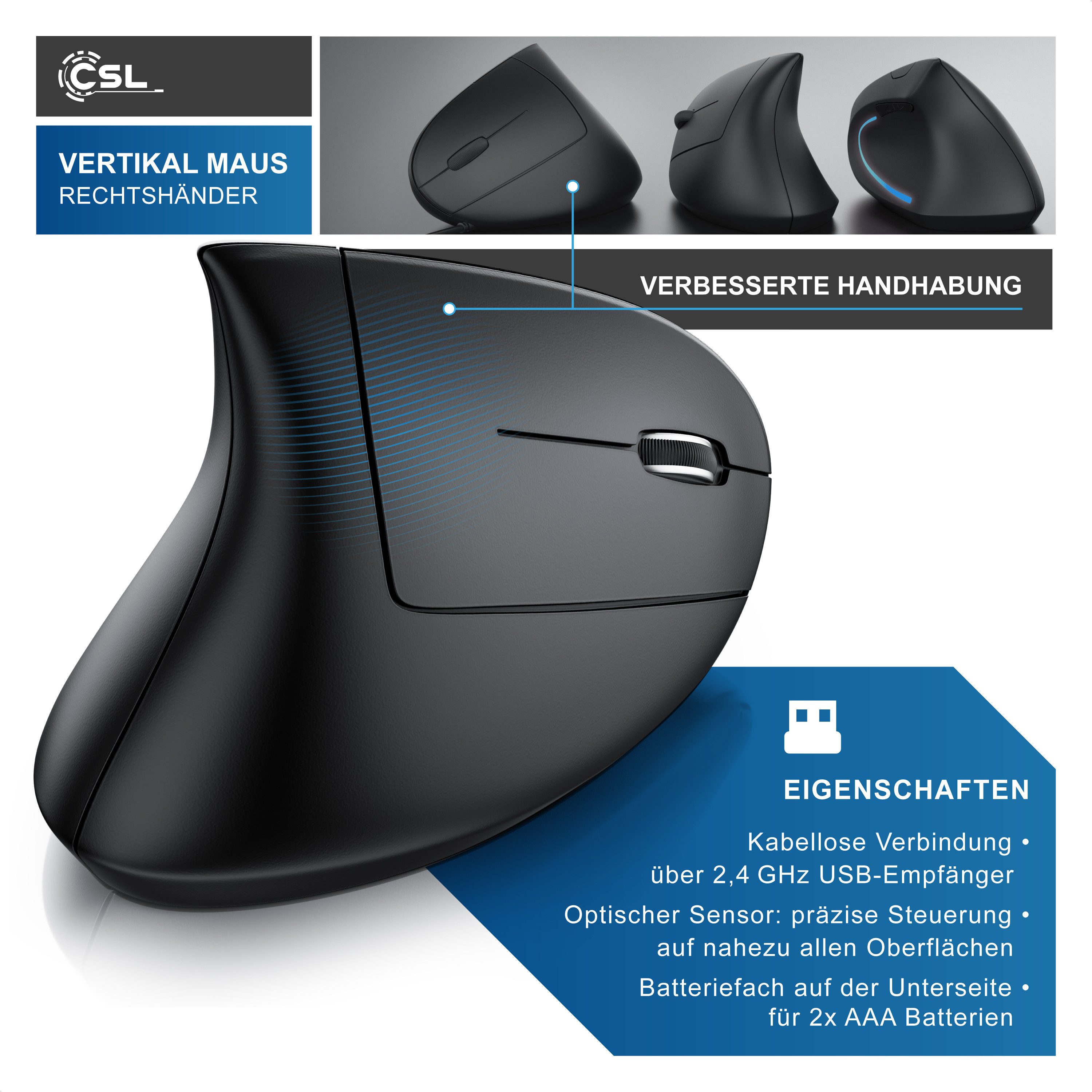 CSL kabellos, vertikal, optisch, 2,4 GHz, ergonomisch, Rechtshänder ergonomische Maus (Funk, 6 Tasten, 800 / 1200 / 1600 DPI, USB-Nano-Empfänger, Plug-and-Play)