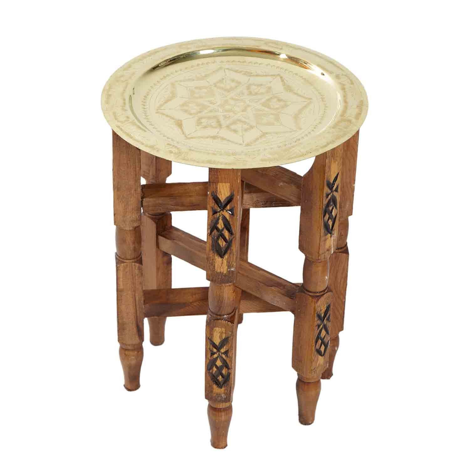 Handmade marokkanischer TA6158, Moro mit Casa Beistelltisch Karam Ø 30, - Orientalischer Teetisch Holz Messing Tablett Gold, 30 cm, Serviertablett Farbe mit Beistelltisch Tisch Handgefertigter Klapptisch