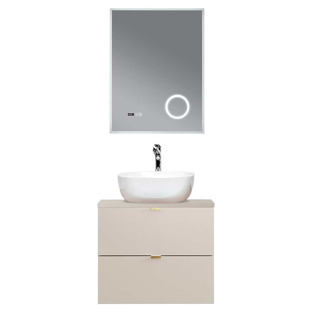 Lomadox Badmöbel-Set DURANGO-56, (Spar-Set, 2-St., LED-Spiegel Waschtisch), 60cm Waschtisch, kaschmir, verschiedene Grifffarben, LED-Spiegel