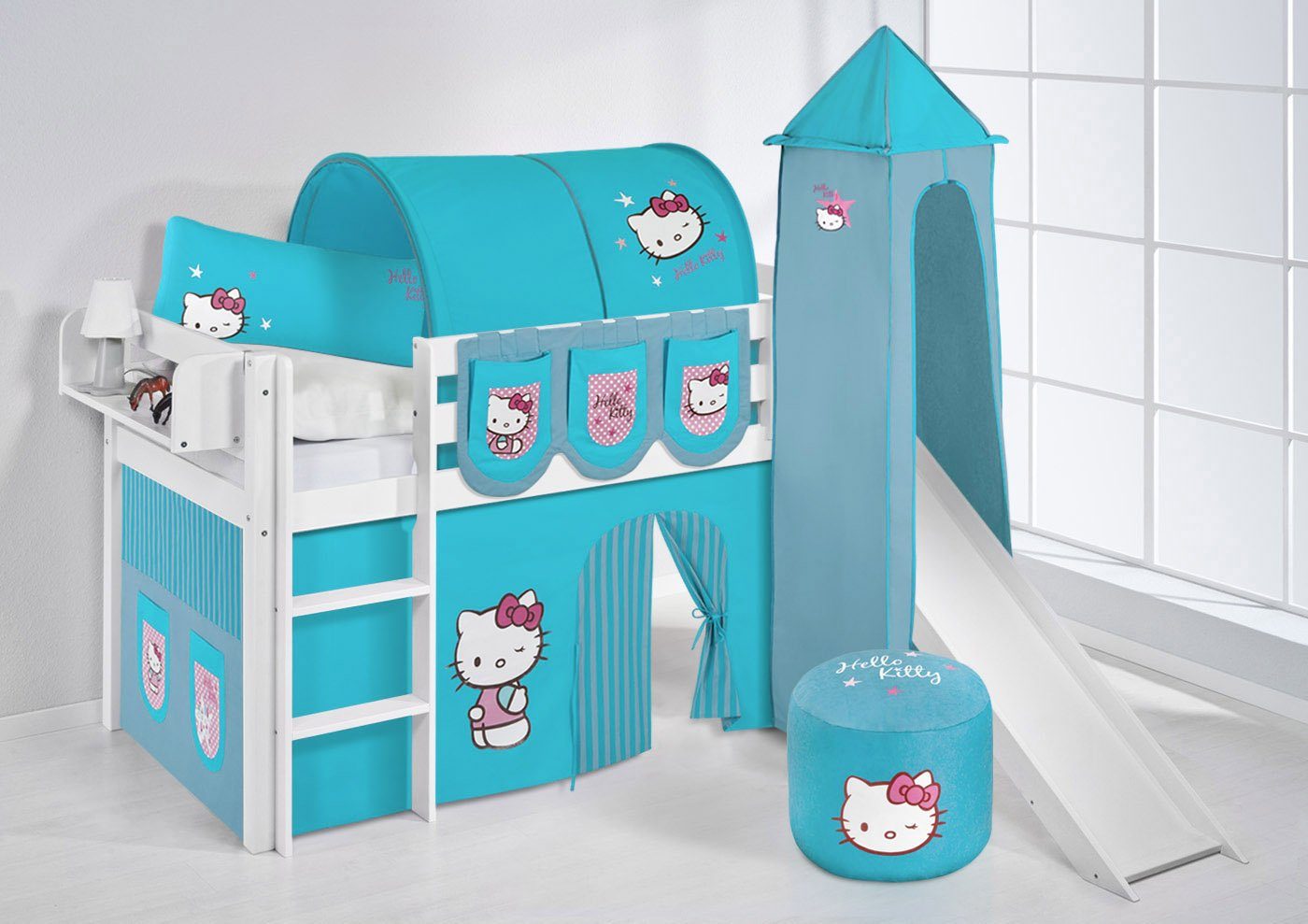 Lilokids Kinderbett Spielbett JELLE Hello Kitty - mit Rutsche & Vorhang & Turm