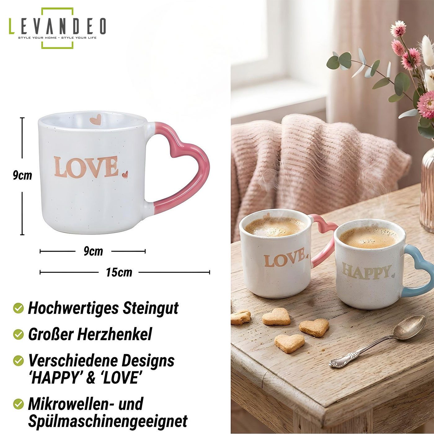 Levandeo® Tasse, 2er Set Tassen Steingut 350ml Herz Happy Love Kaffeebecher Kaffeetasse