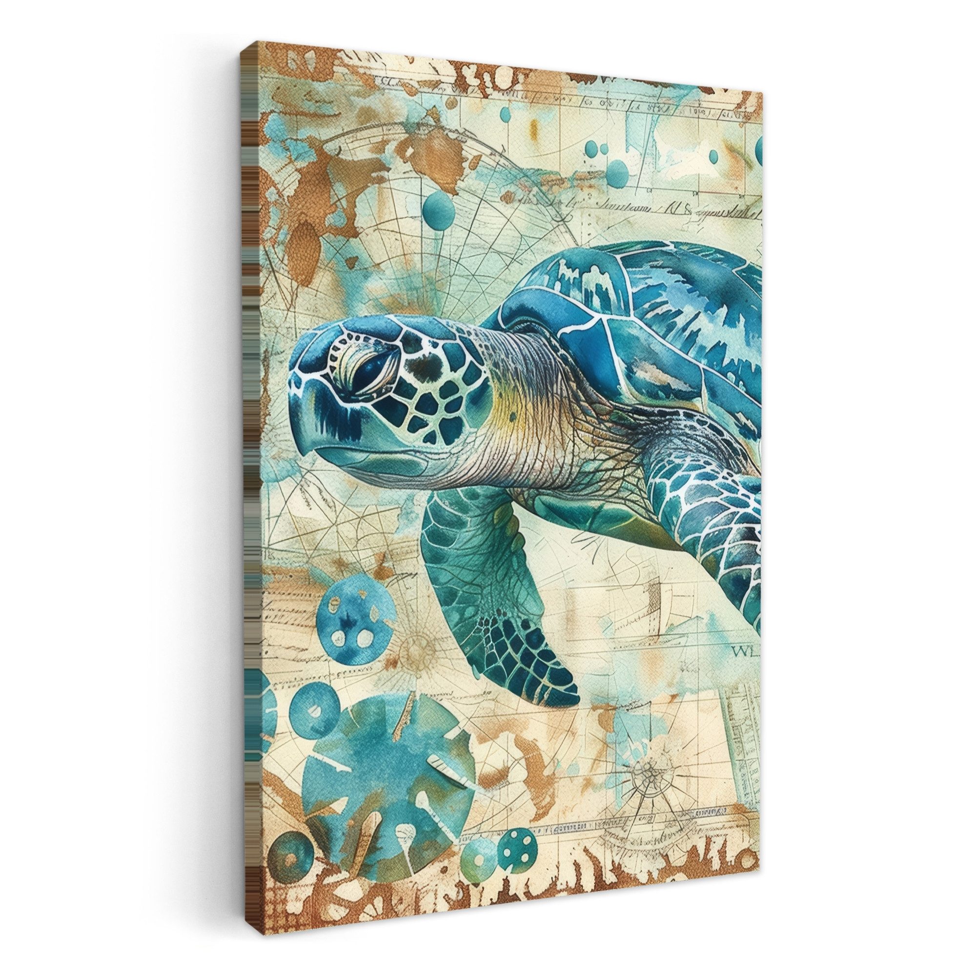 OneMillionCanvasses® Leinwandbild Weinlese - Schildkröte - Meerestiere - Aquarell, Fotodruck (1 St), Badezimmer Deko, Изображения WC, Toilette Wanddeko 20x30 cm