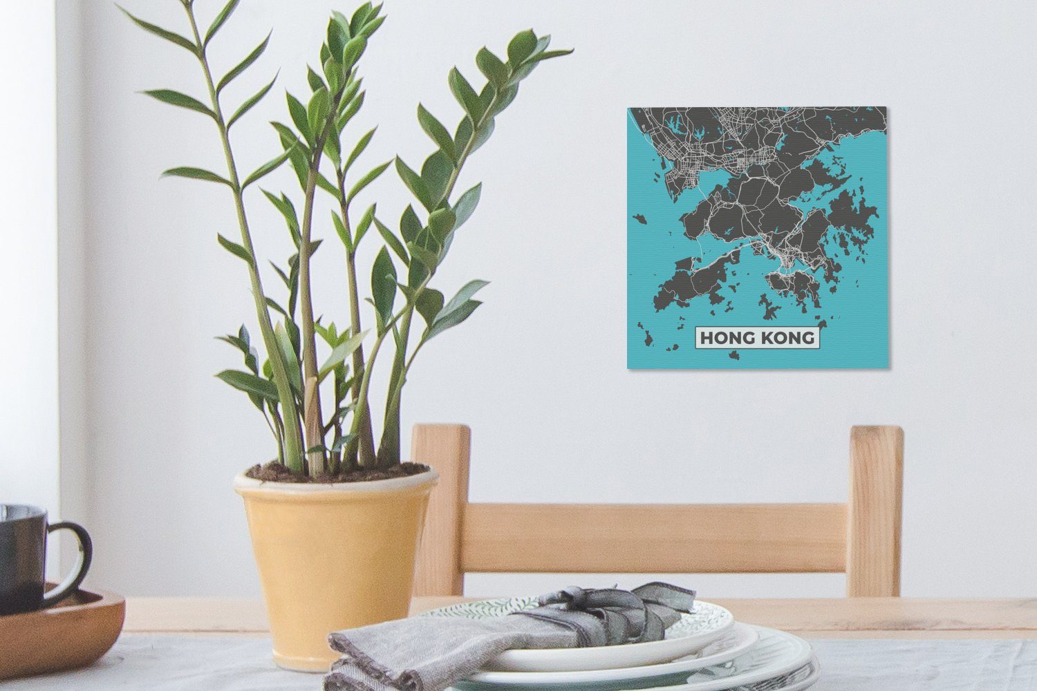 OneMillionCanvasses® Leinwandbild Hongkong - Blau Wohnzimmer Karte Schlafzimmer - Stadtplan, St), für (1 Leinwand Bilder 
