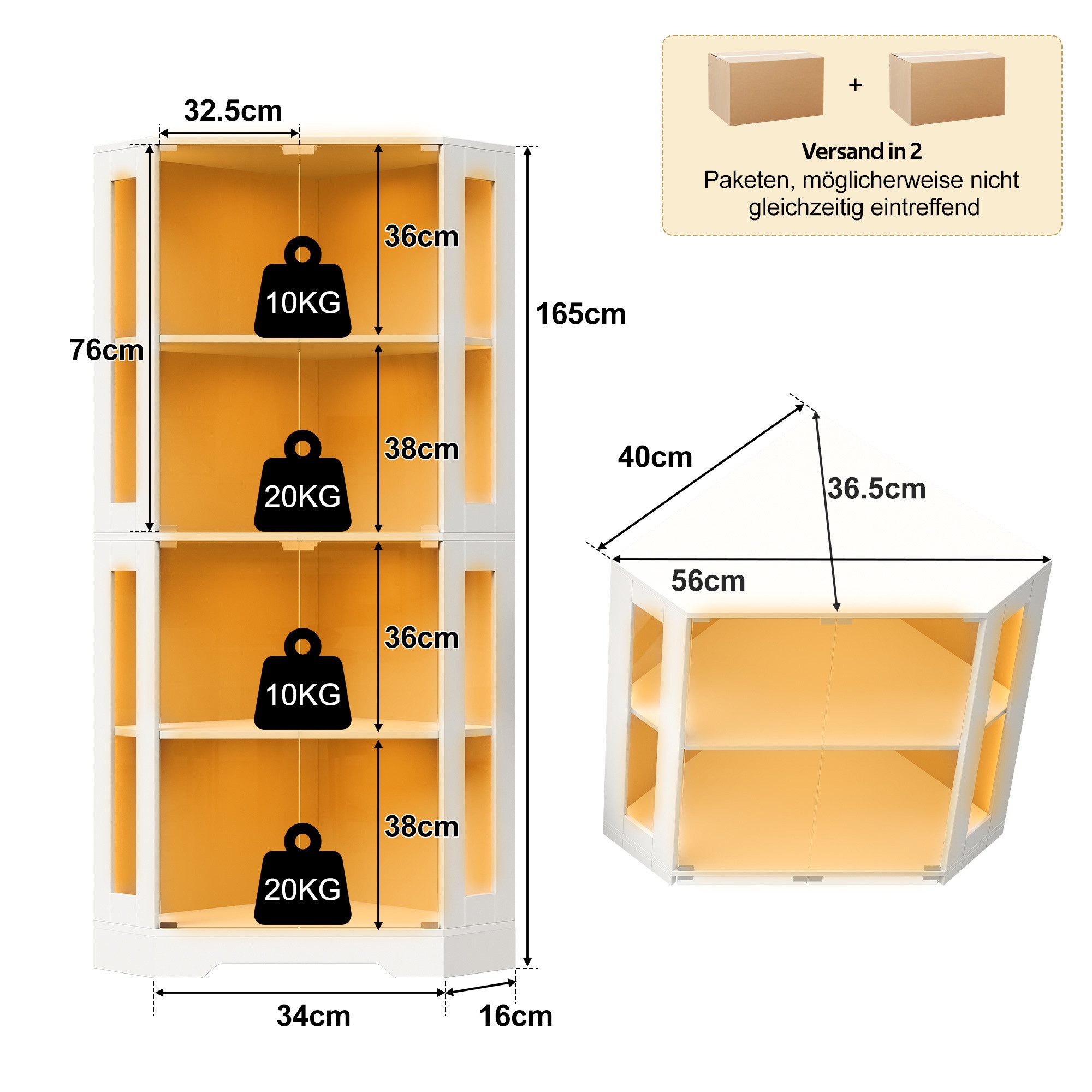 Celya Eckvitrine Glasvitrinenschrank moderner Weinschrank mit LED (4-stufiger Sicherheitsglas-Eckschrank)