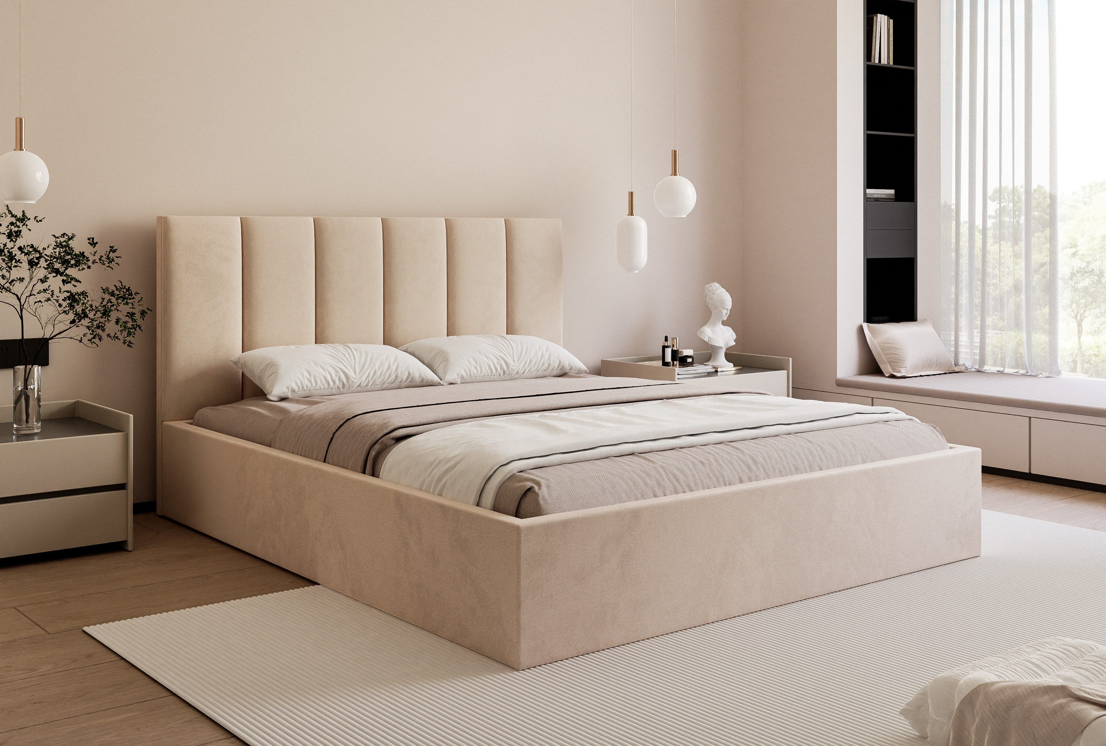 Goldstoff Polsterbett mit Stauraum & elegantem Kopfteil - modernes Stauraum günstig online kaufen