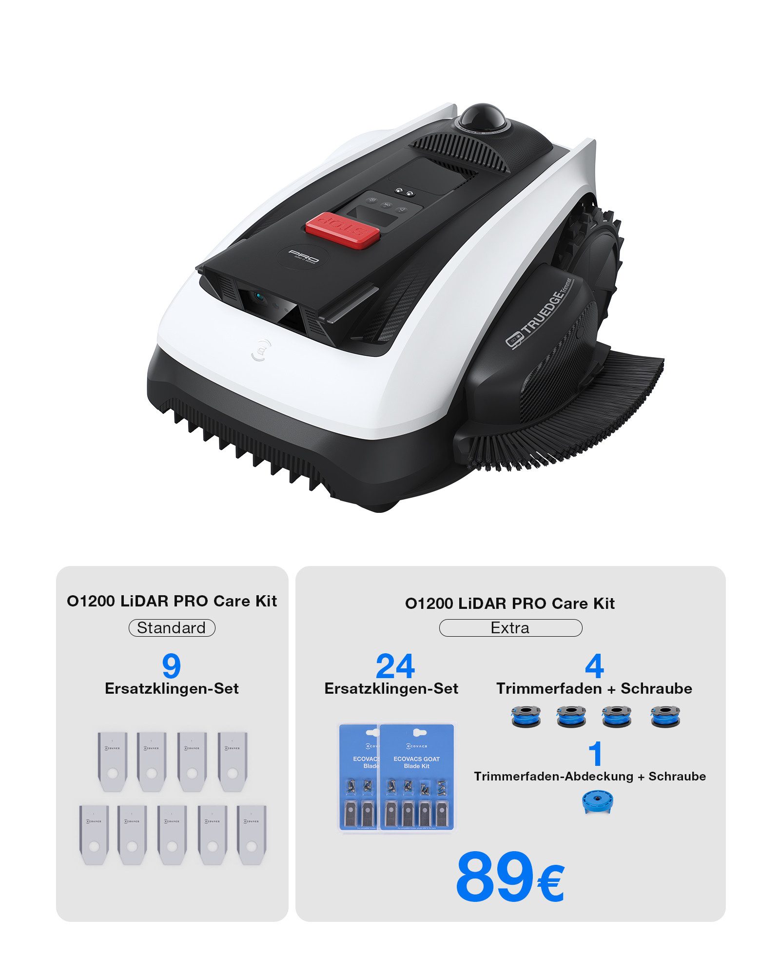 ECOVACS Rasenmähroboter ECOVACS GOAT O1200 LiDAR PRO Care Kit, bis 1200 m² Rasenfläche, (Set, mit Netzteil, Schneidmessern, Objektiv-Abdeckung, Trimmer und Bürste), Inklusive Akku und Ladestation, Appsteuerung