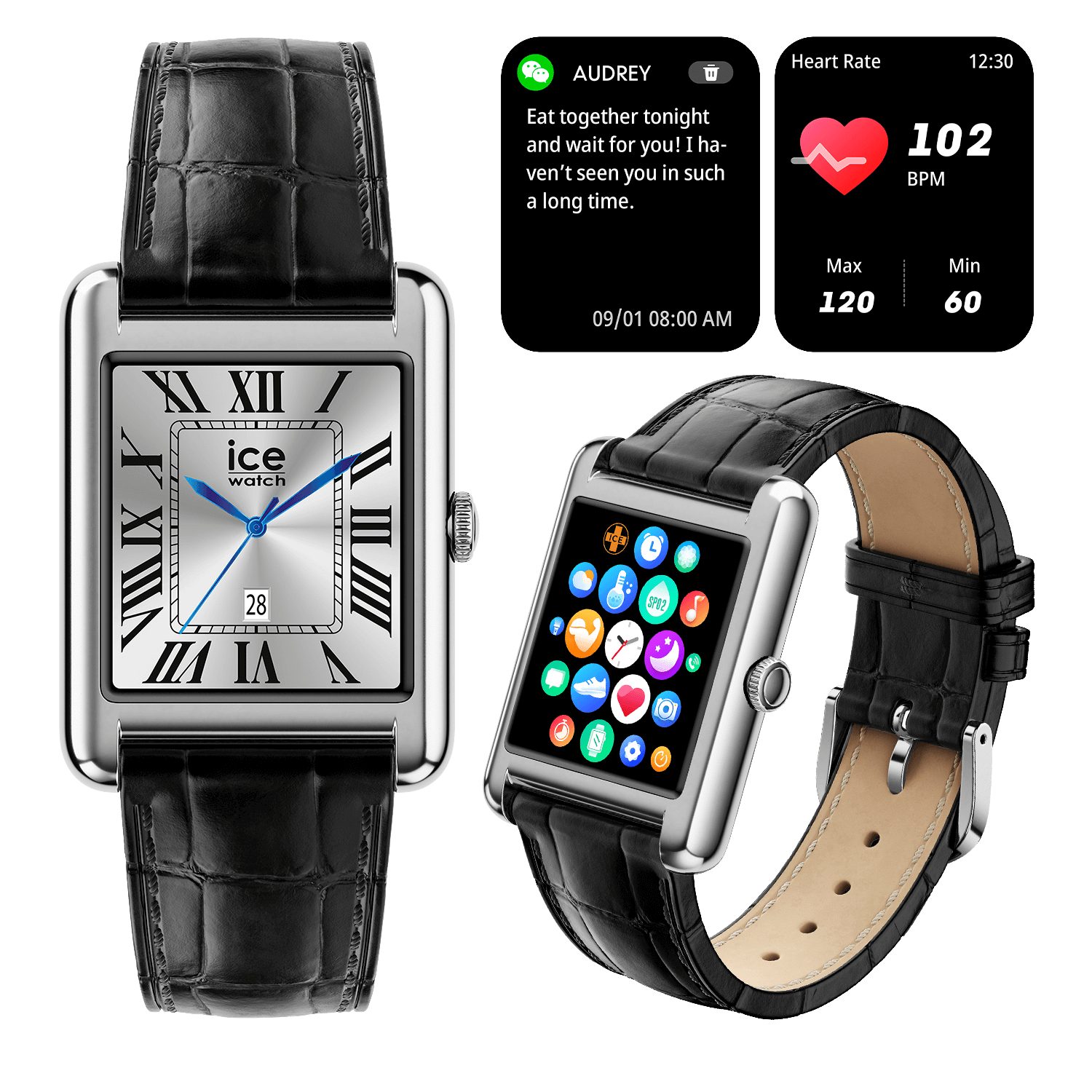 ice-watch Smartwatch, Armbanduhr, Damenuhr, Lederarmband, Bluetooth, digital schwarz