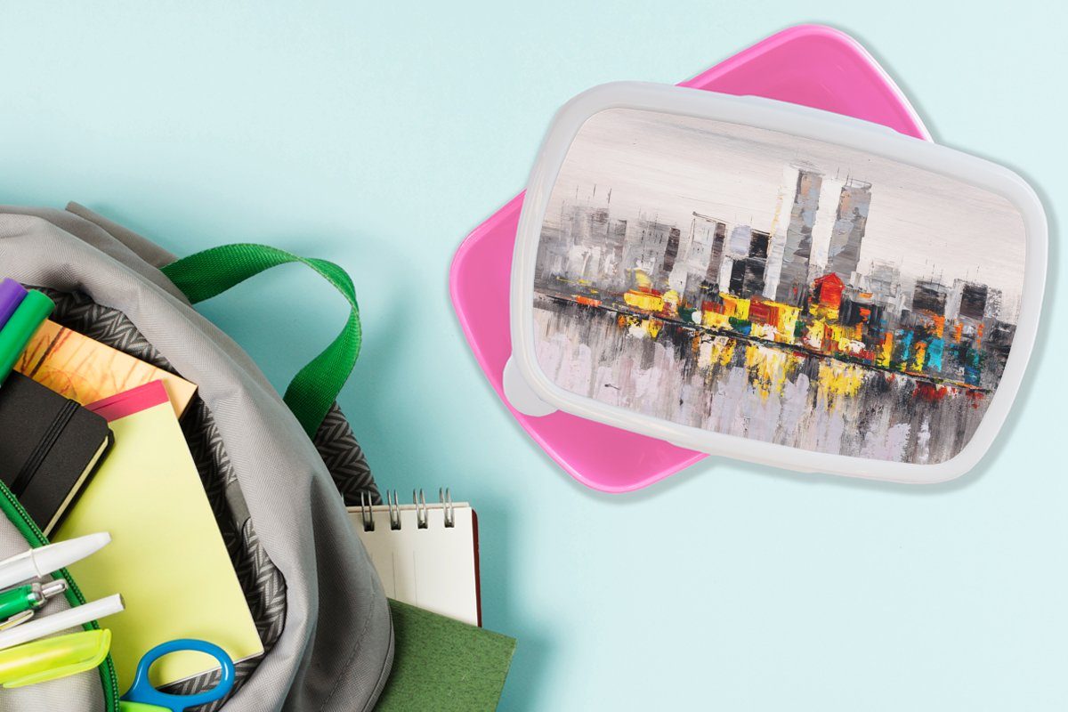 MuchoWow - Kinder, rosa Gemälde Mädchen, Skyline Erwachsene, Snackbox, für Ölfarbe, Kunststoff, Brotbox Kunststoff - Brotdose - Lunchbox (2-tlg), Farben