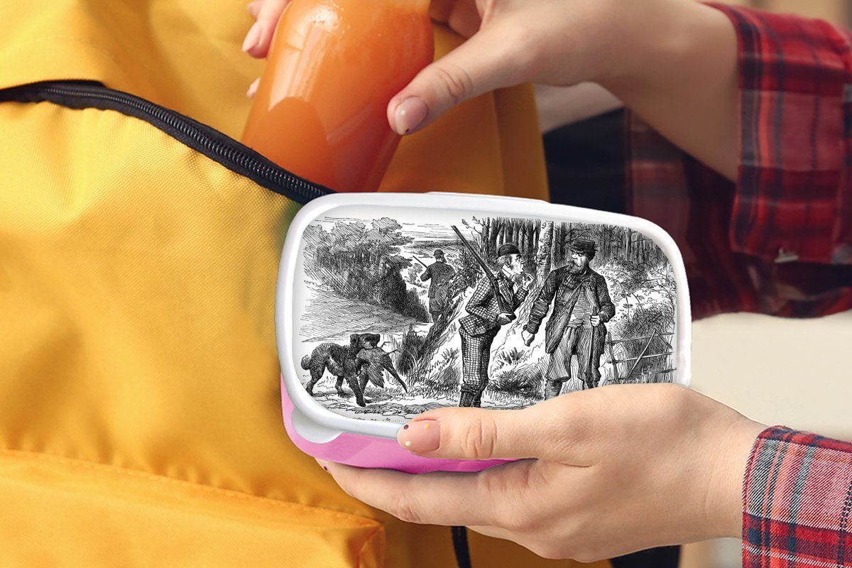 MuchoWow Lunchbox Eine Kinder, mit (2-tlg), Jagdhund, einem für Kunststoff drei Jägern Snackbox, rosa von Brotbox Illustration Brotdose Erwachsene, Mädchen, Kunststoff