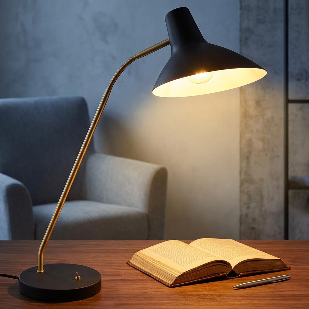 TRIO Leuchten Schreibtischlampe, Leuchtmittel nicht inklusive, Tischlampe Nachttischlampe Flexo verstellbar schwarz gold H 54 cm