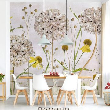 Bilderdepot24 Vliestapete Vintage Allium Helenium Illustration Blumen Beige Natur Wanddeko, Glatt, Matt, (Inklusive Gratis-Kleister oder selbstklebend), Wohnzimmer Schlafzimmer Küche Flur Fototapete Motivtapete Wandtapete