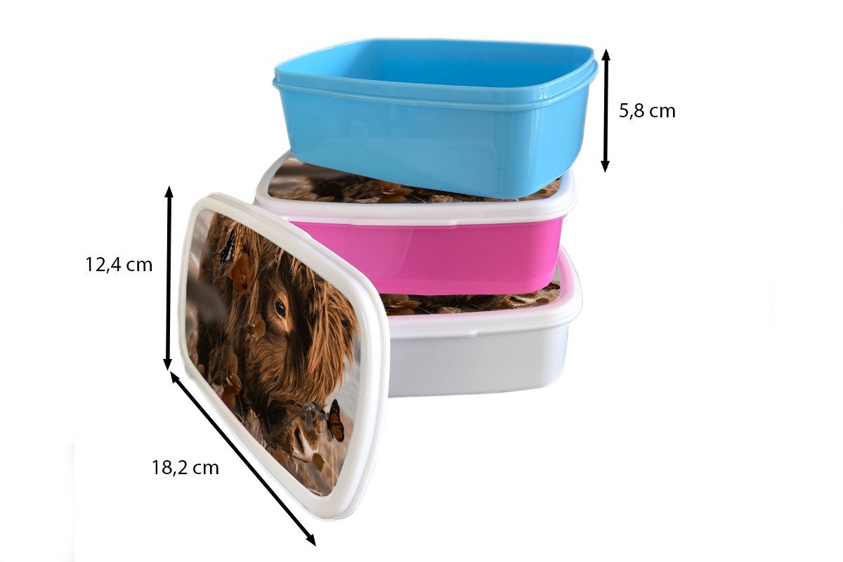 Brotbox und Blumen, (2-tlg), MuchoWow weiß Schottische Mädchen Brotdose, für Erwachsene, Jungs - Schmetterlinge für - Lunchbox Kinder und Highlander Kunststoff,