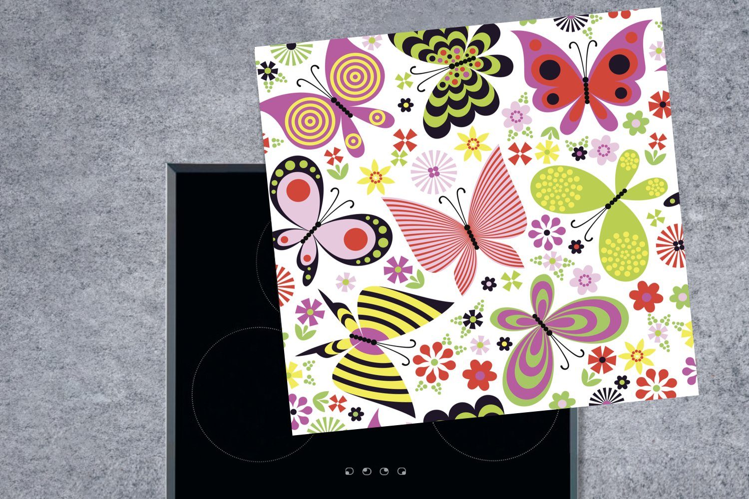 MuchoWow Herdblende-/Abdeckplatte Eine Illustration von und Schmetterlingen Vinyl, (1 für Blumen, küche cm, Ceranfeldabdeckung, Arbeitsplatte tlg), 78x78