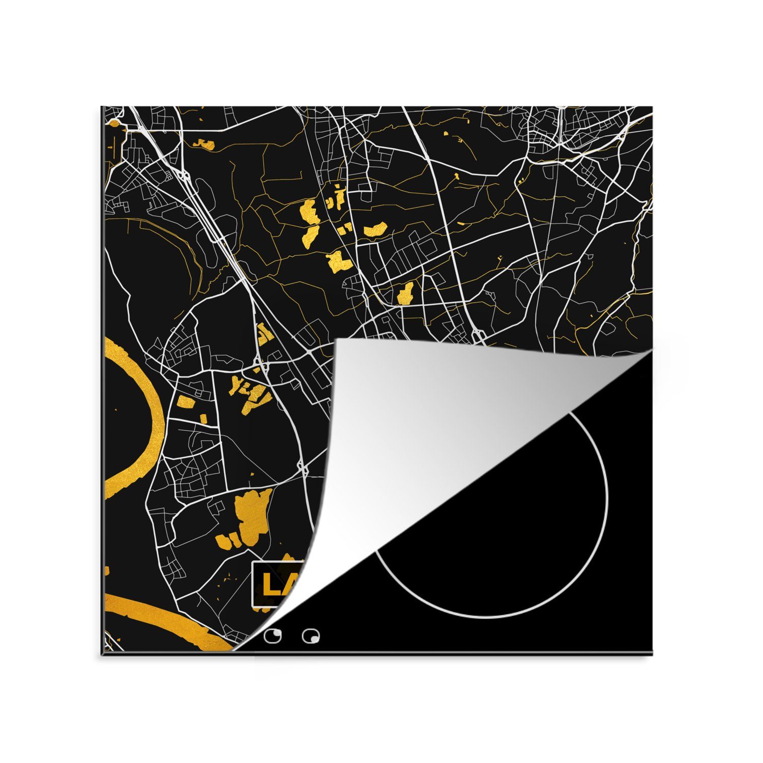 MuchoWow Herdblende-/Abdeckplatte Karte - Langenfeld - Gold - Stadtplan - Deutschland, Vinyl, (1 tlg), 78x78 cm, Ceranfeldabdeckung, Arbeitsplatte für küche