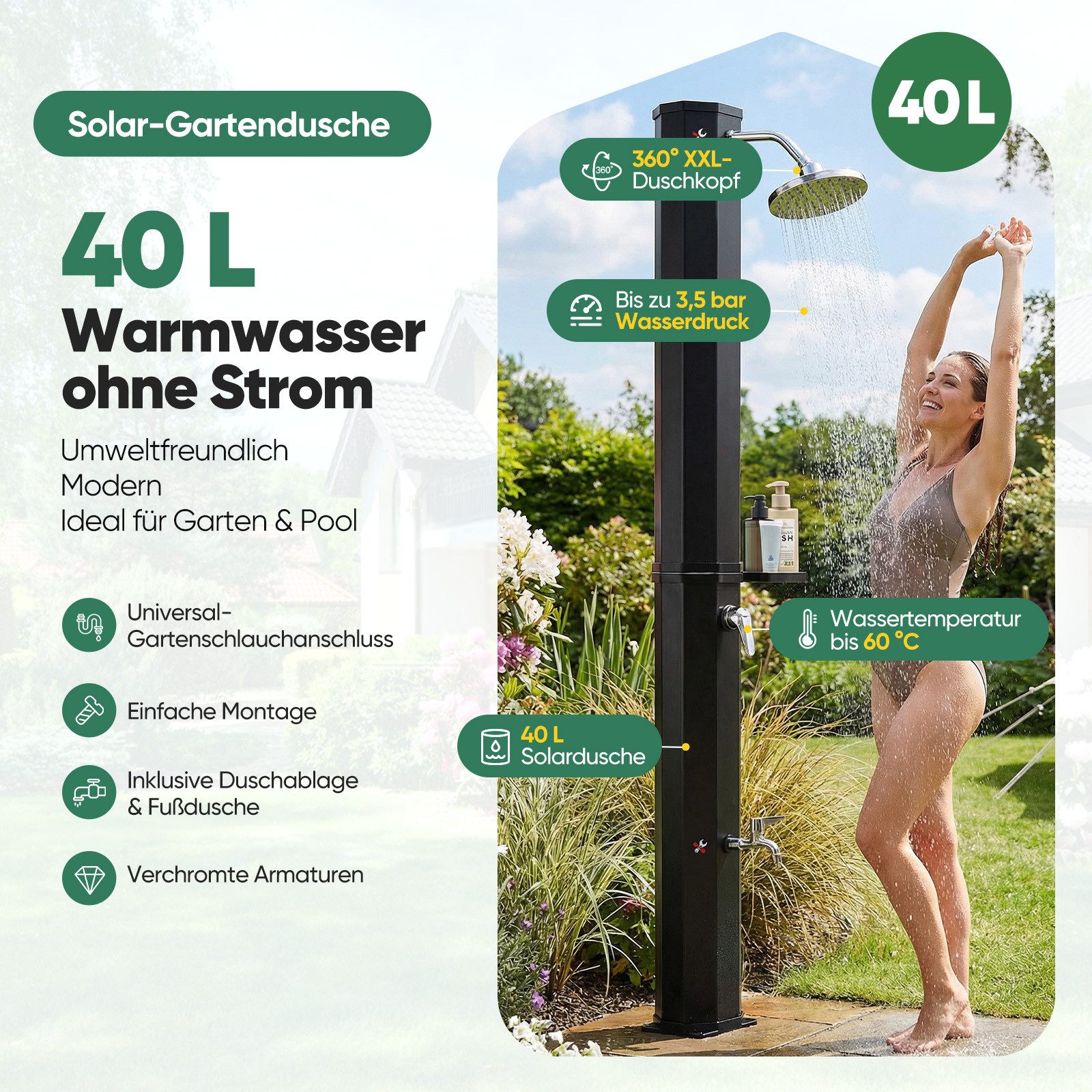 Sekey Solardusche 40L/ 60L Solar Gartendusche Pooldusche Campingdusche bis 60°C Wasser, 40L stromfreie Wassererwärmung, mit Direktanschluss für Gartenschlauch