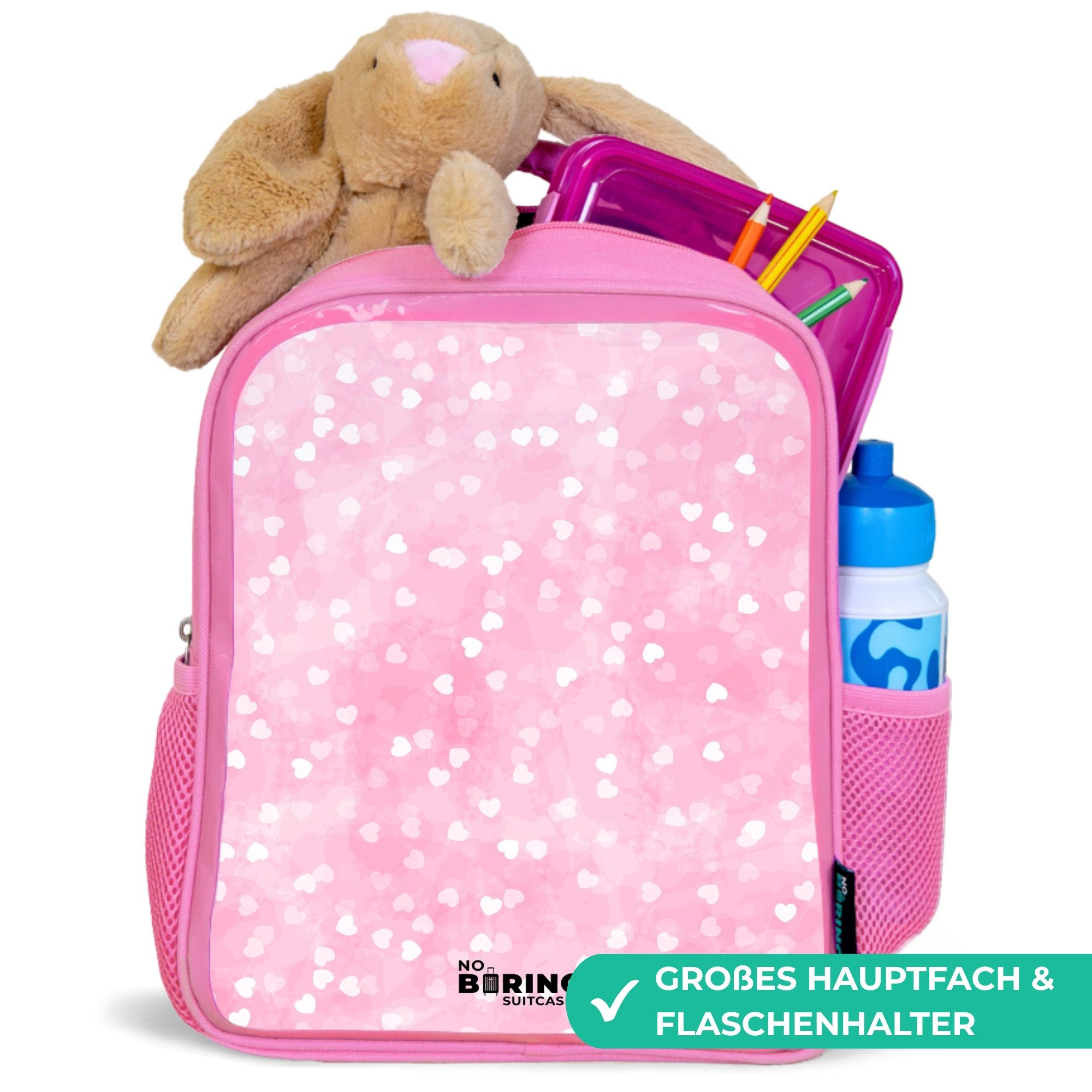 NoBoringSuitcases.com© Rucksack Rosa - Rosa Glitzerherzen, Kinderrucksack, Schulrucksack, Freizeitrucksack, Mädchen, Kindergarten