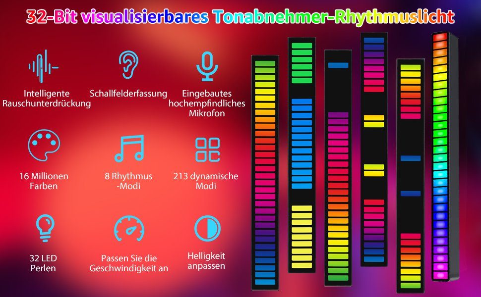 RGB Rhythmus Umgebungslichter Stripe 32-flammig, Lamp, Lampe, USB LED LED Lichtleiste, Musik LED Weihnachten 7Magic