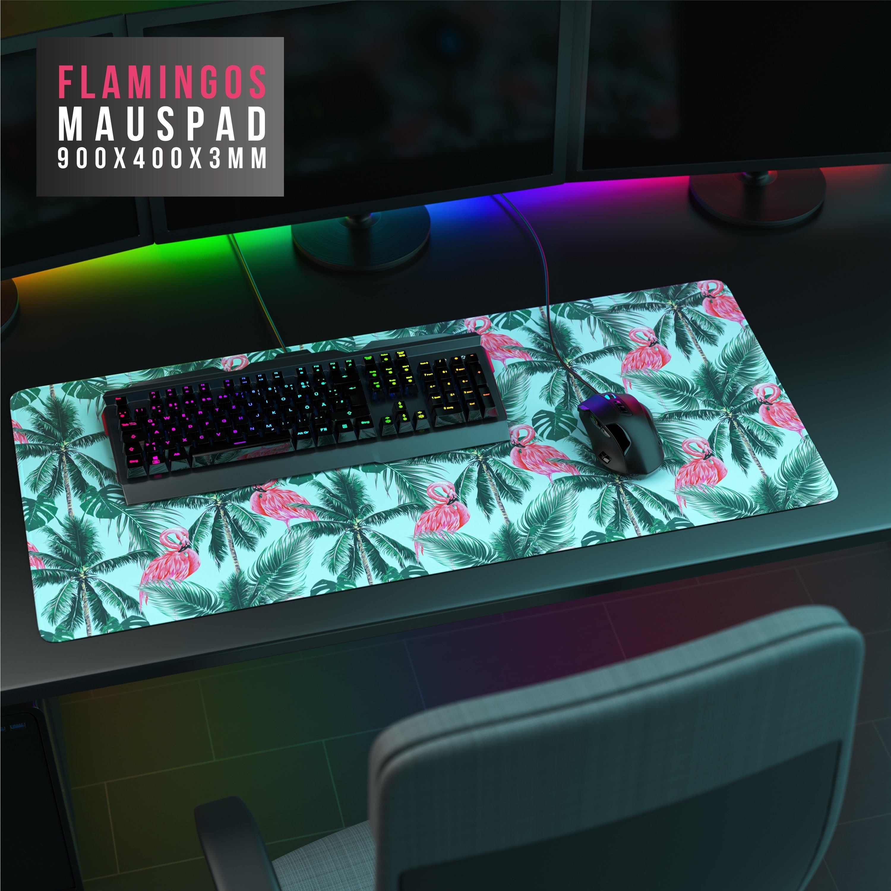 CSL Gaming Mauspad XXL Speed Mousepad 900 x 400 x 3 mm, große Tischunterlage, rutschfest, abwaschbar, Geschwindigkeit & Präzision, Flamingos