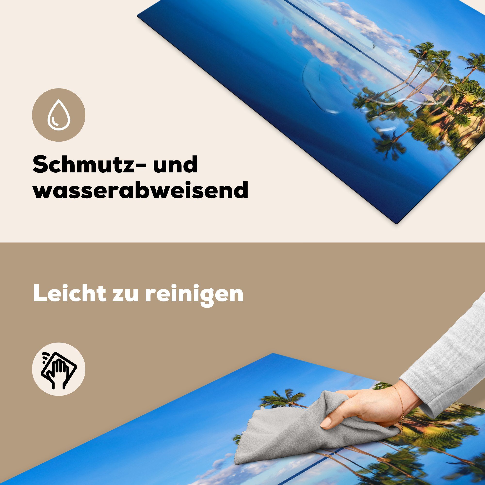 sich MuchoWow Palmen 81x52 küche, Induktionskochfeld Hawaii Wailea Ceranfeldabdeckung (1 Beach spiegeln Herdblende-/Abdeckplatte im cm, Schutz Wasser, in für tlg), die Am die Vinyl,