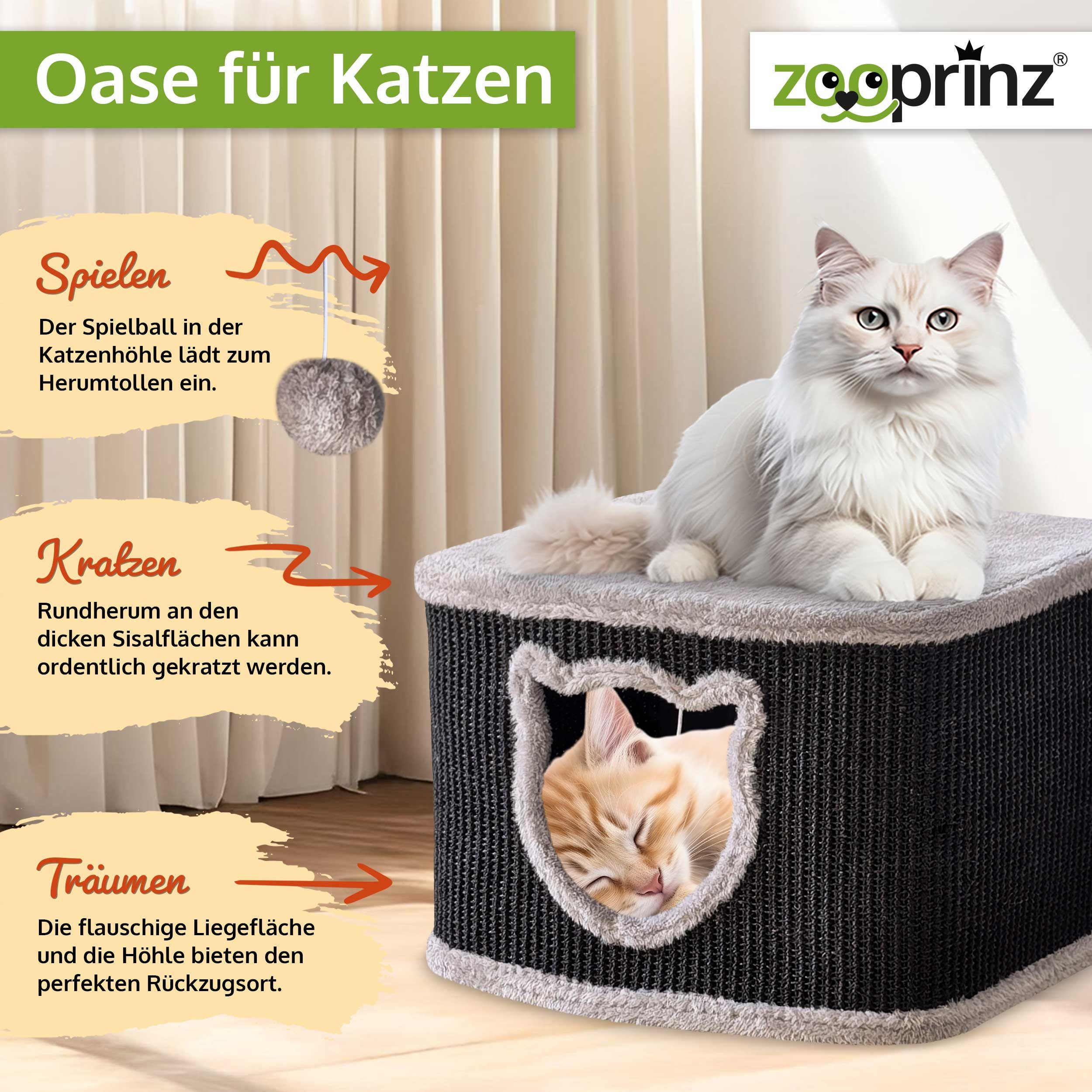 Zooprinz Katzenhaus Indoor aus Sisal mit Spielball, Plüsch, 40 × 40 × 27 cm, Modernes Design
