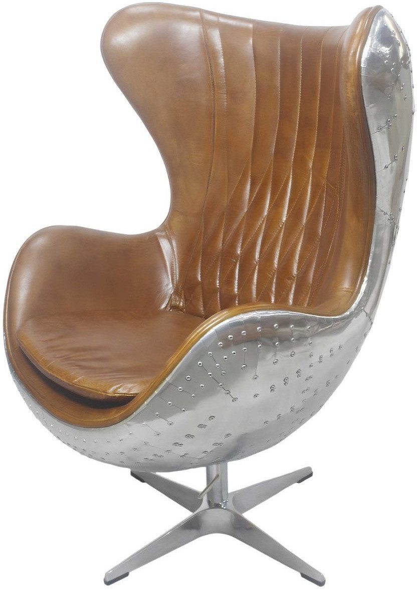 Xlmoebel Loungesessel Vintage Sessel aus Aluminium mit Echtleder und Wippfunktion in Braun (1-St., Sessel), Hergestellt in Europa