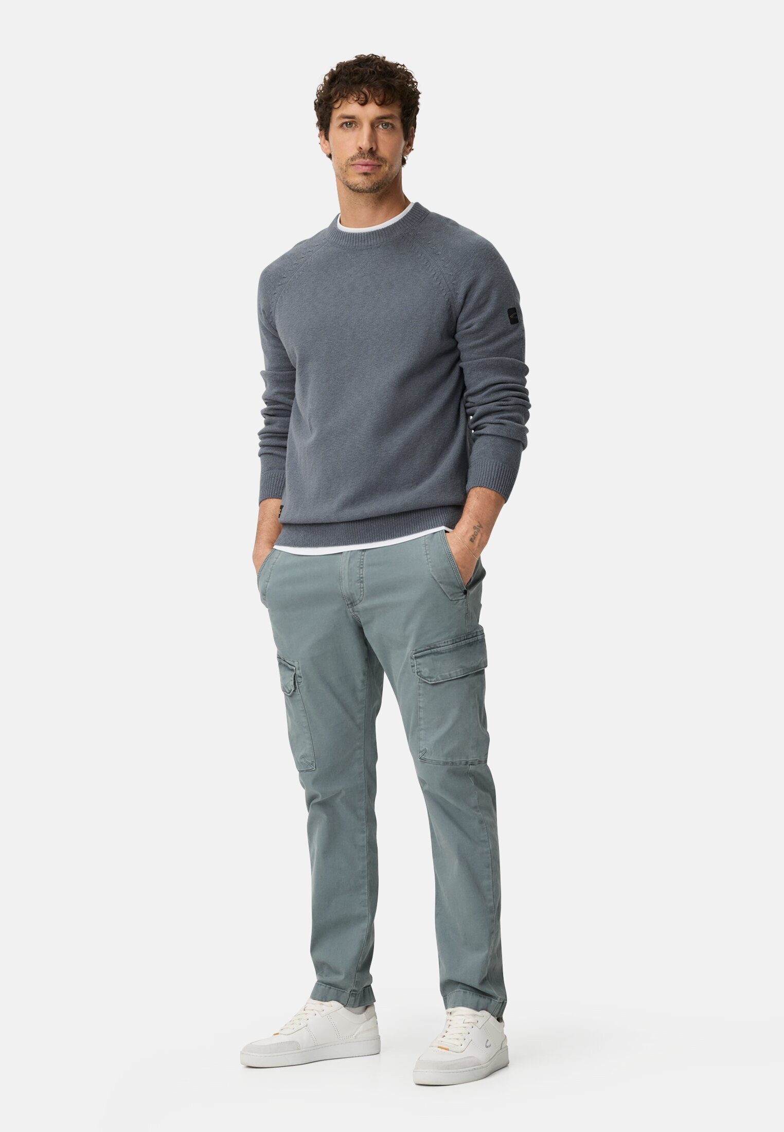 camel active Strickpullover mit Rundhalsausschnitt Langarm Markenlogo