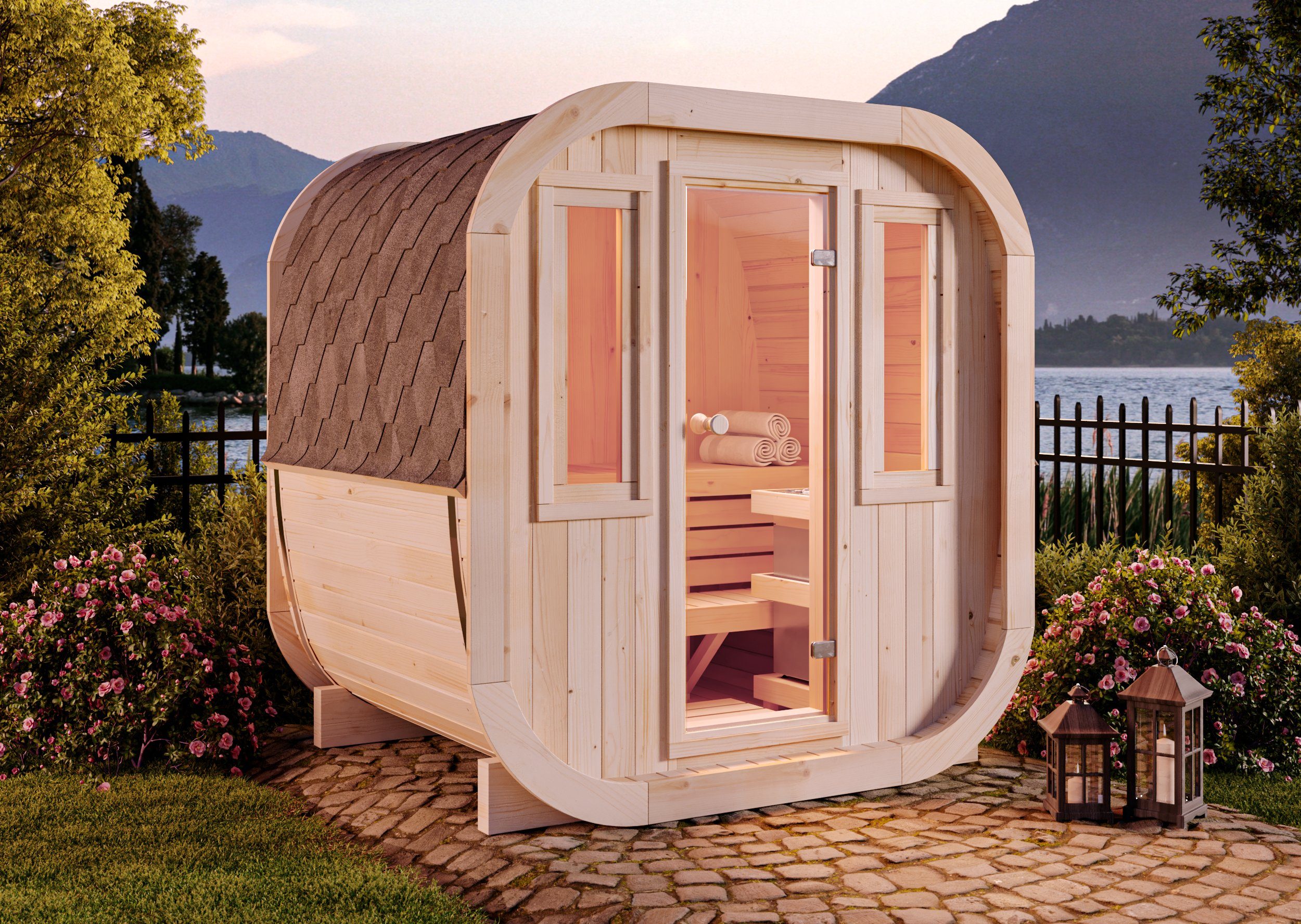 FinnTherm Fasssauna ScandiCube Mini XS, BxTxH: 210 x 166 x 214 cm, 42 mm, in Naturbelassen Mit 2 Fenstern
