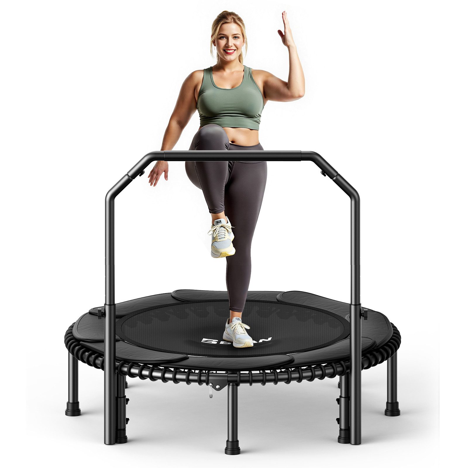 BCAN Fitnesstrampolin 48“ Rebounder-Trampolin für Erwachsene, 226 kg Tragkraft, Ø 122 cm, (1 tlg), Bungee-Seilen, Verstellbarer Griff, stabil, leise, Innen/außen