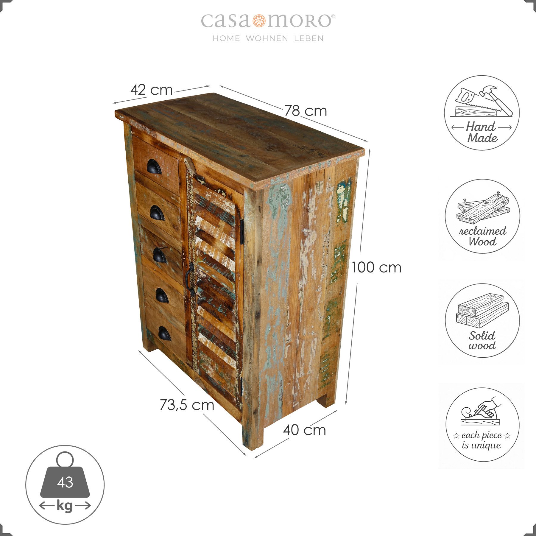 Casa Moro Highboard Hochkommode Massivholz Sideboard Altholz Wohnzimmer Vintage Boho, massiver Aufbau: 43 kg Gewicht, mit Schubladen, handgefertigt