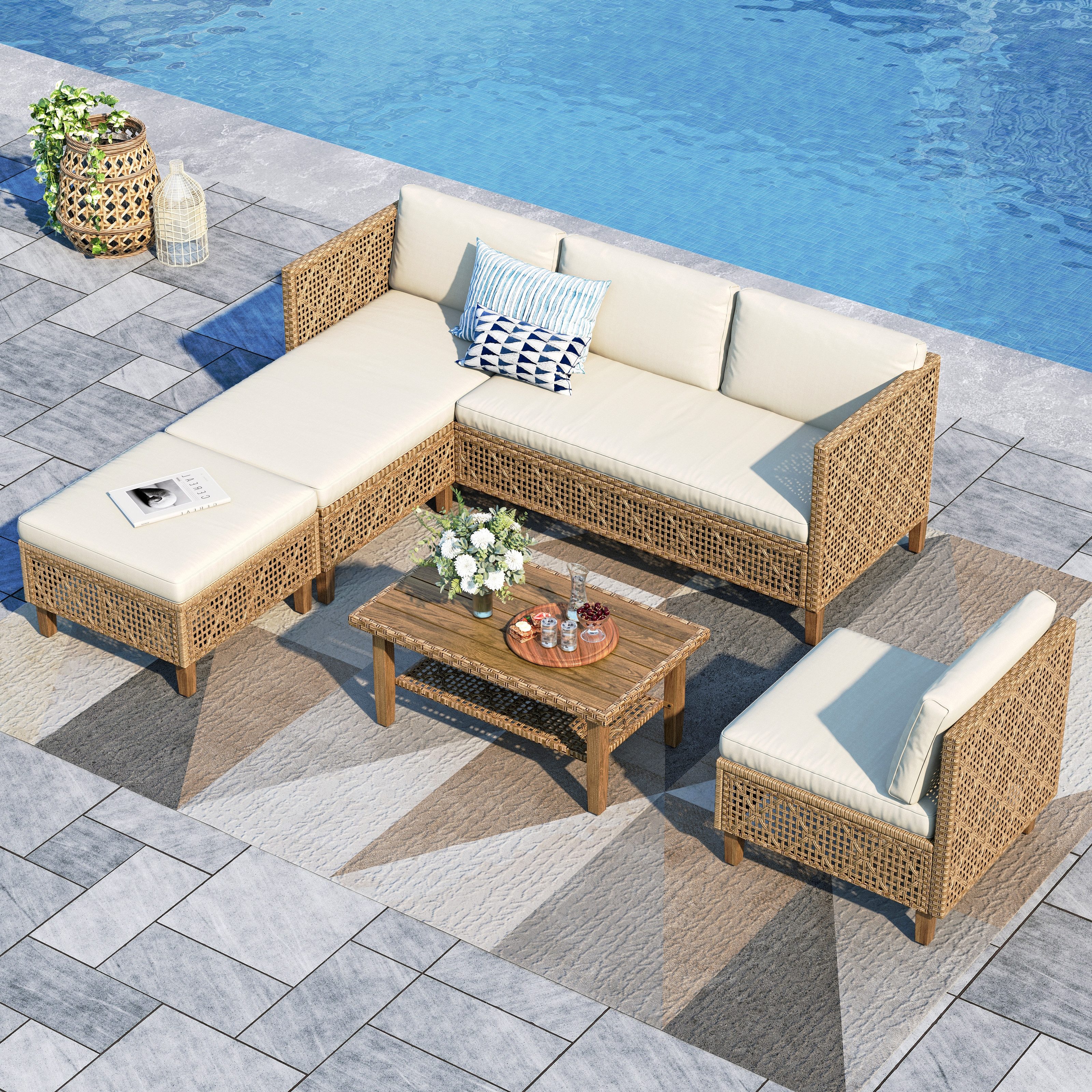 PHI VILLA Gartenlounge-Set, (1 Zweisitzer-Sofa, 2 Einzelsofas, 1 Chaiselongue und 1 Kleiner Couchtisch, PE Rattan Lounge Möbel Outdoor), 6 Personen Terassenmöbel Außen Gartensofa, Beige und Dunkelblau