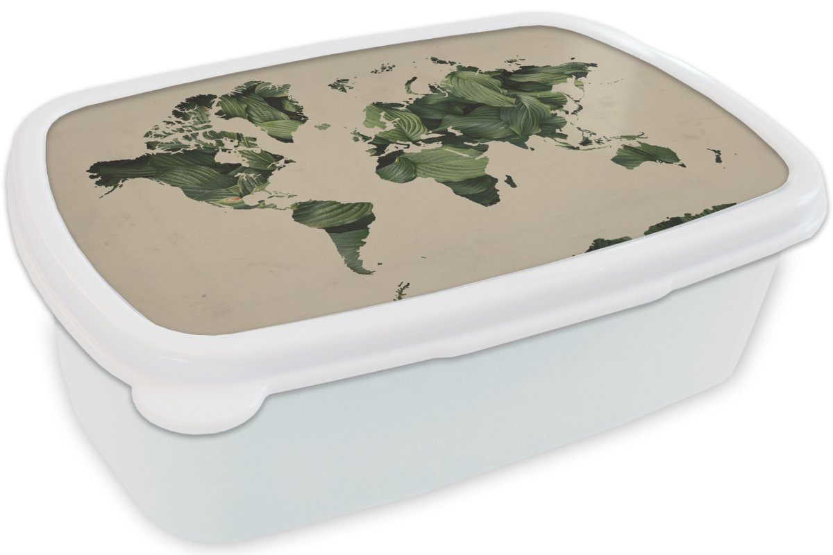 Kinder und Mädchen Brotbox Erwachsene, Kunststoff, Lunchbox (2-tlg), Brotdose, Jungs - MuchoWow für Weltkarte für weiß Grün, - Blätter und