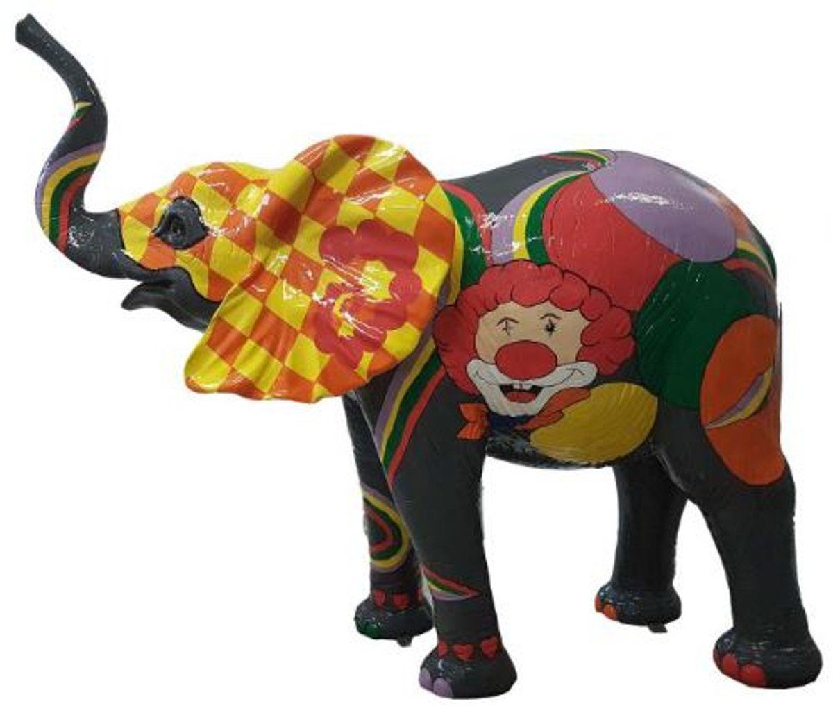 Casa Padrino Skulptur Designer Dekofigur Elefant mit Clown Design Bunt 160 x H. 160 cm - Riesige Deko Skulptur - Wetterbeständige Gartendeko XXL Gartenskulptur